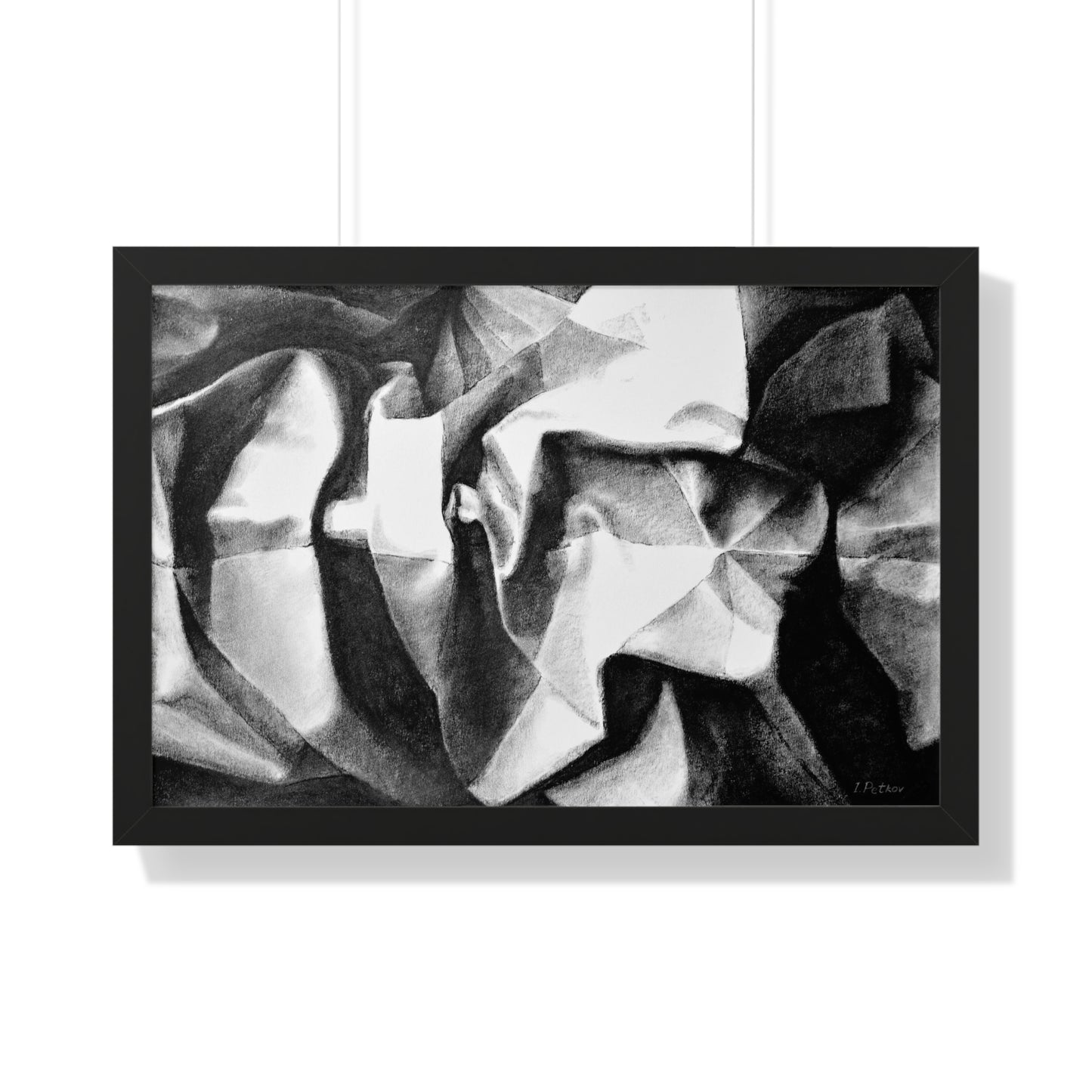 Folding Structure II - Framed Satin Poster Print, Wall Art, Charcoal, Abstract Black and White Decor