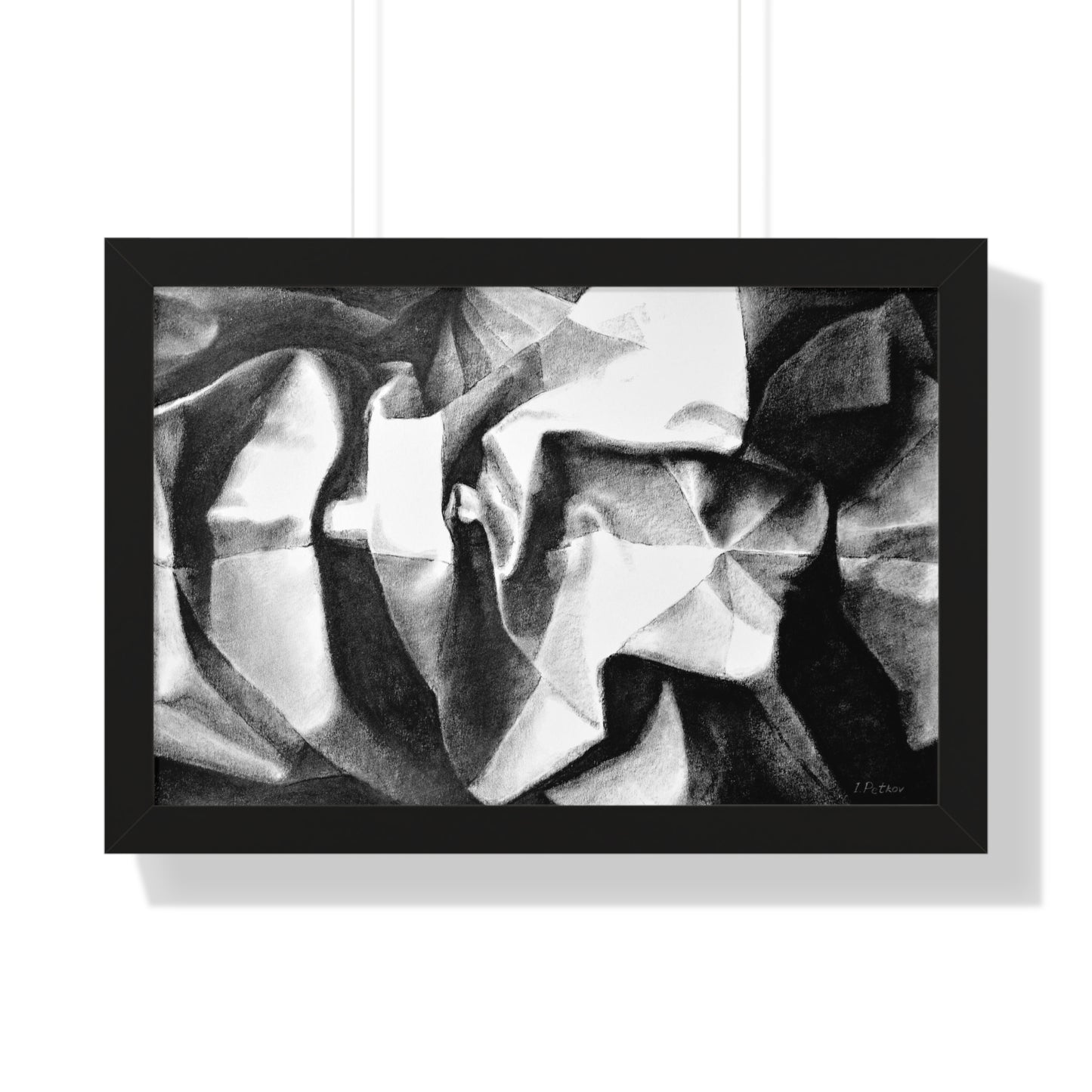 Folding Structure II - Framed Satin Poster Print, Wall Art, Charcoal, Abstract Black and White Decor