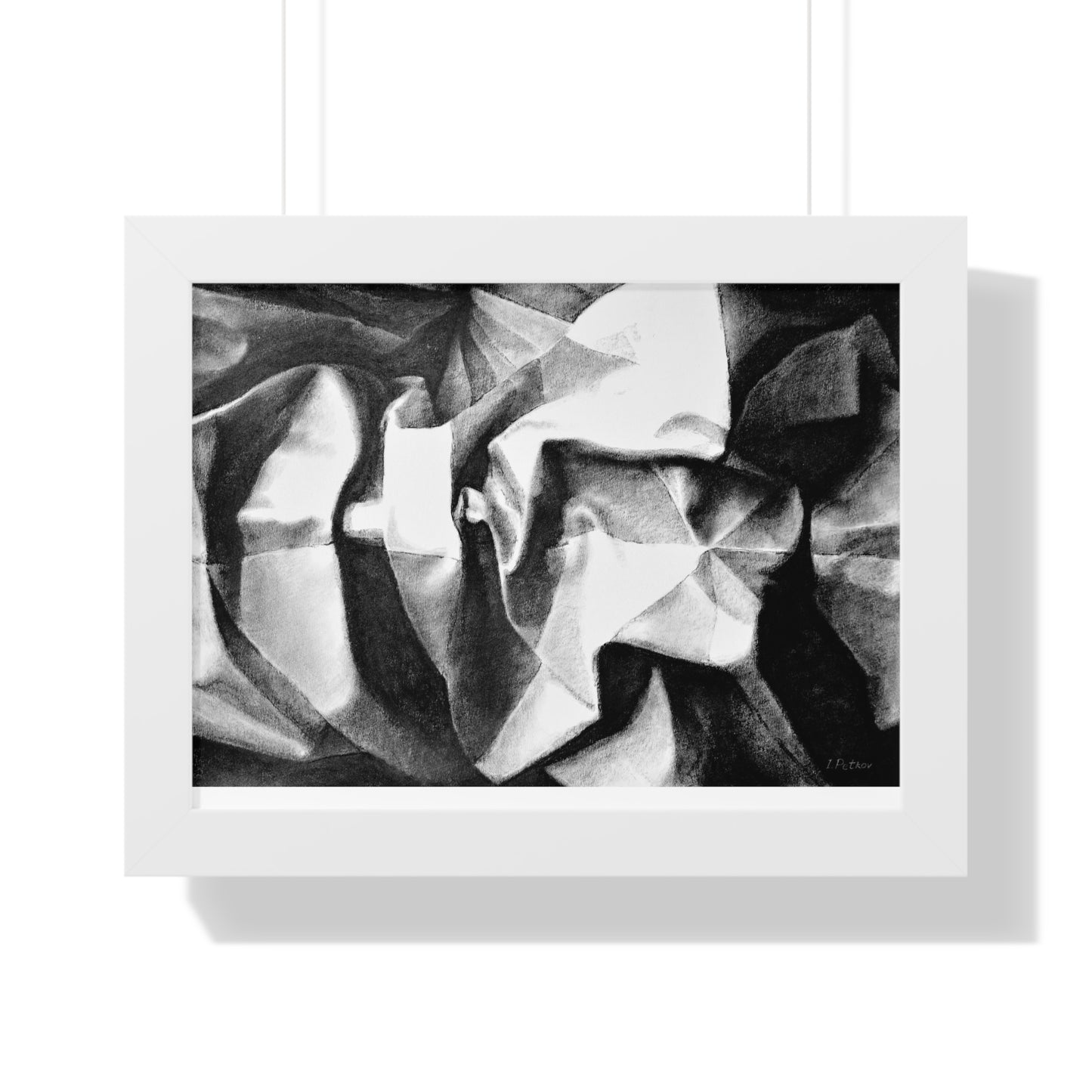 Folding Structure II - Framed Satin Poster Print, Wall Art, Charcoal, Abstract Black and White Decor