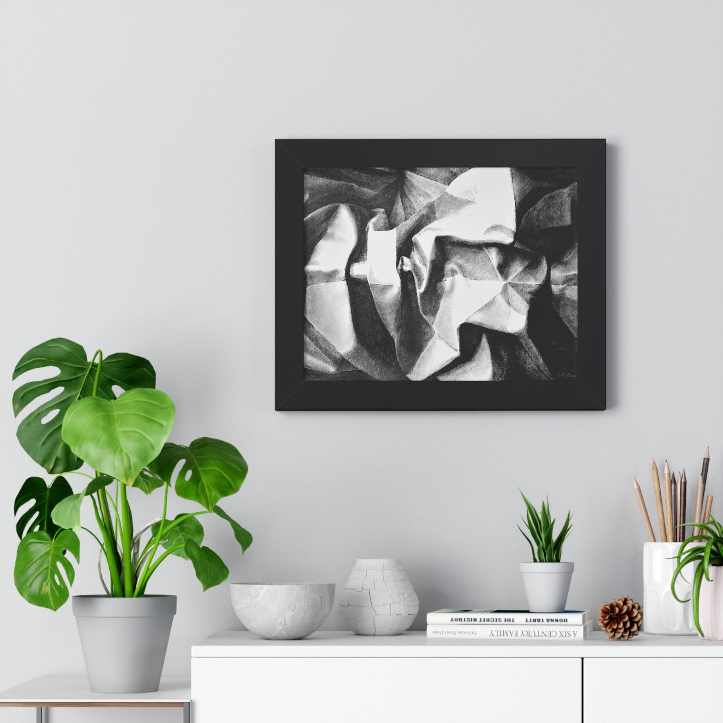 Folding Structure II - Framed Satin Poster Print, Wall Art, Charcoal, Abstract Black and White Decor