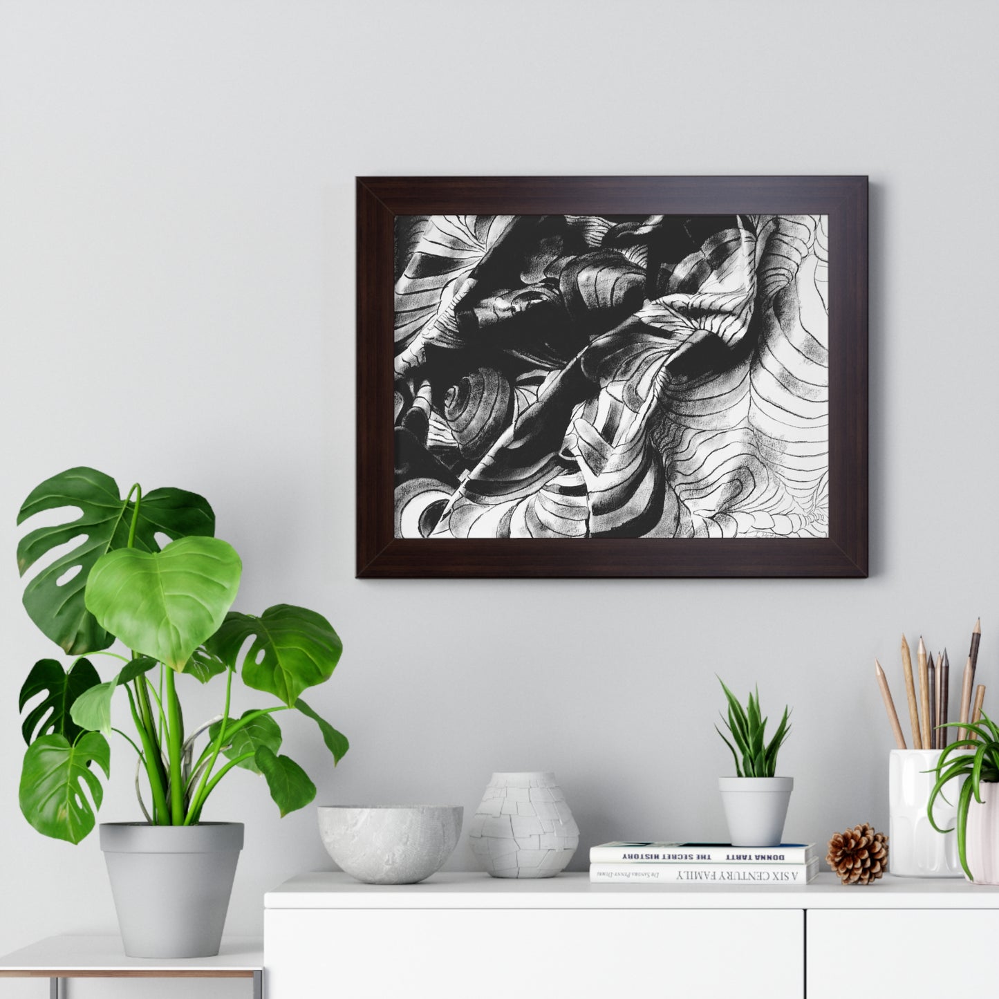 Folding Structure III - Framed Poster Print, Wall Art, Charcoal, Abstract Black and White Decor
