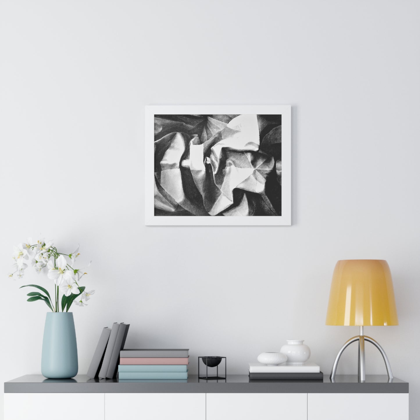 Folding Structure II - Framed Satin Poster Print, Wall Art, Charcoal, Abstract Black and White Decor