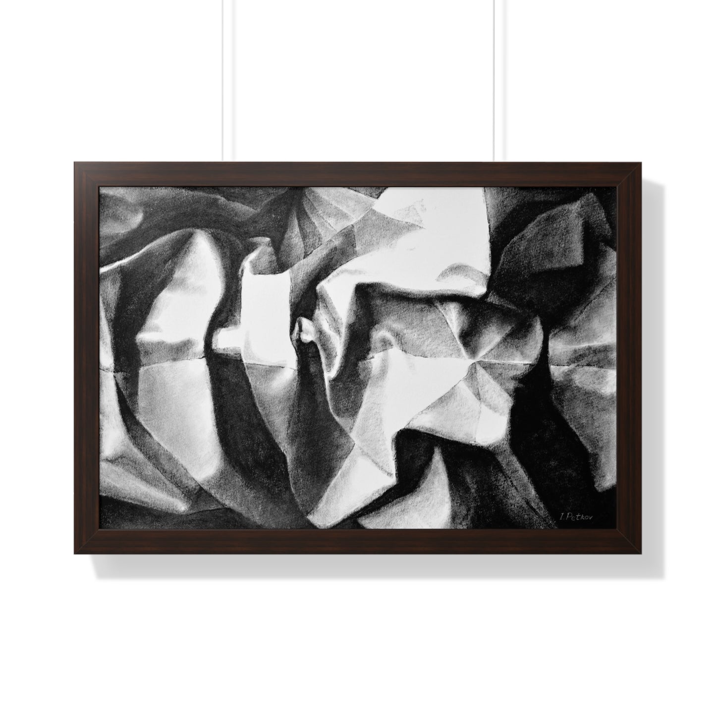 Folding Structure II - Framed Satin Poster Print, Wall Art, Charcoal, Abstract Black and White Decor