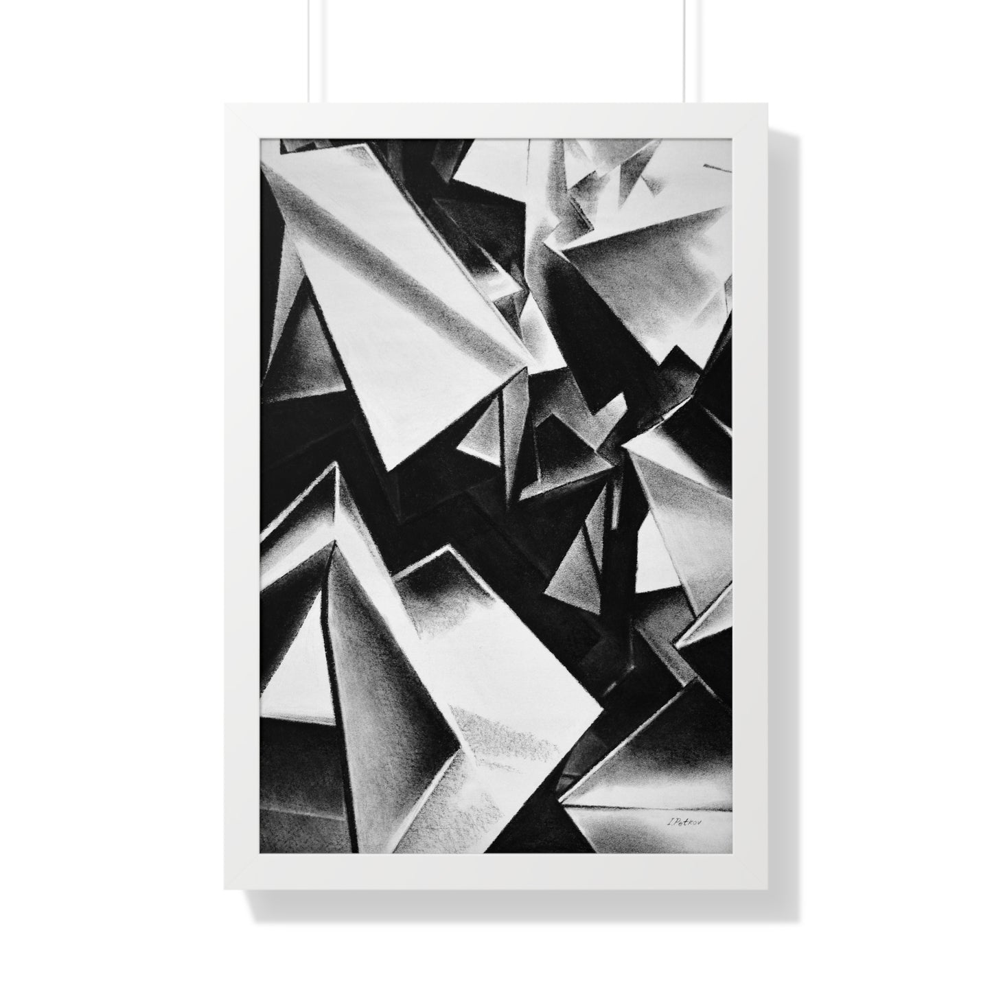 black and white pastel drawing featuring leaf-like texture with organic lines and different shapes of light and dark