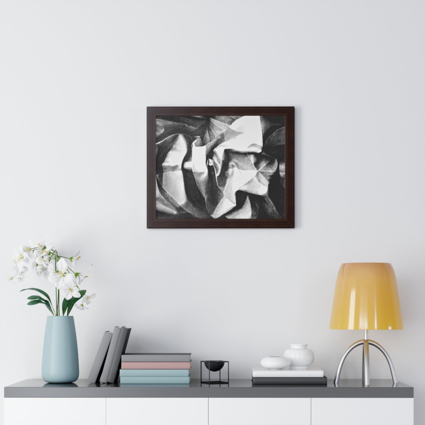 Folding Structure II - Framed Satin Poster Print, Wall Art, Charcoal, Abstract Black and White Decor