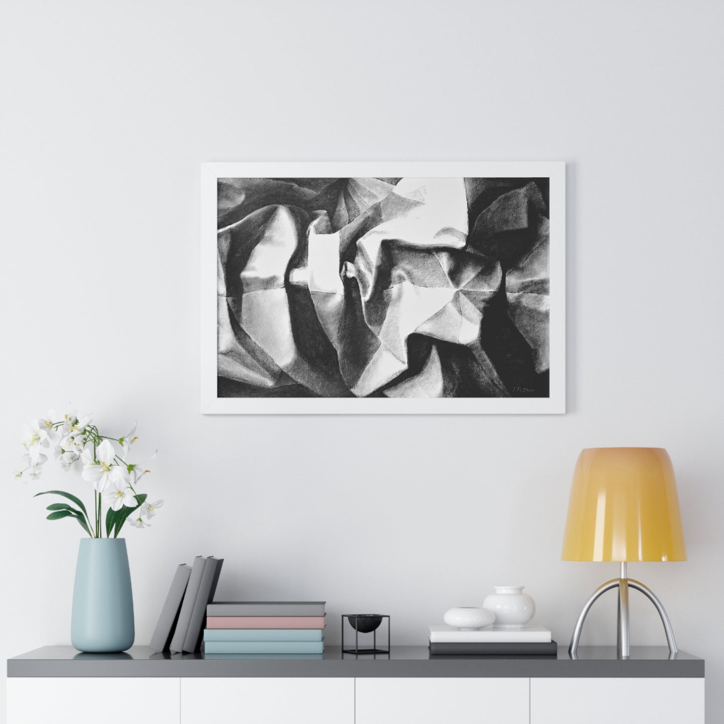 Folding Structure II - Framed Satin Poster Print, Wall Art, Charcoal, Abstract Black and White Decor