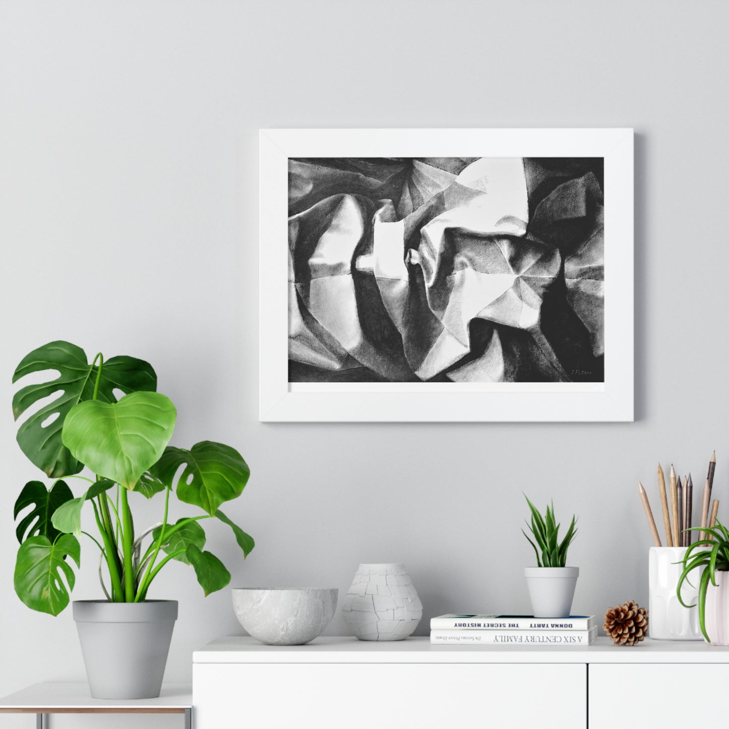 Folding Structure II - Framed Satin Poster Print, Wall Art, Charcoal, Abstract Black and White Decor
