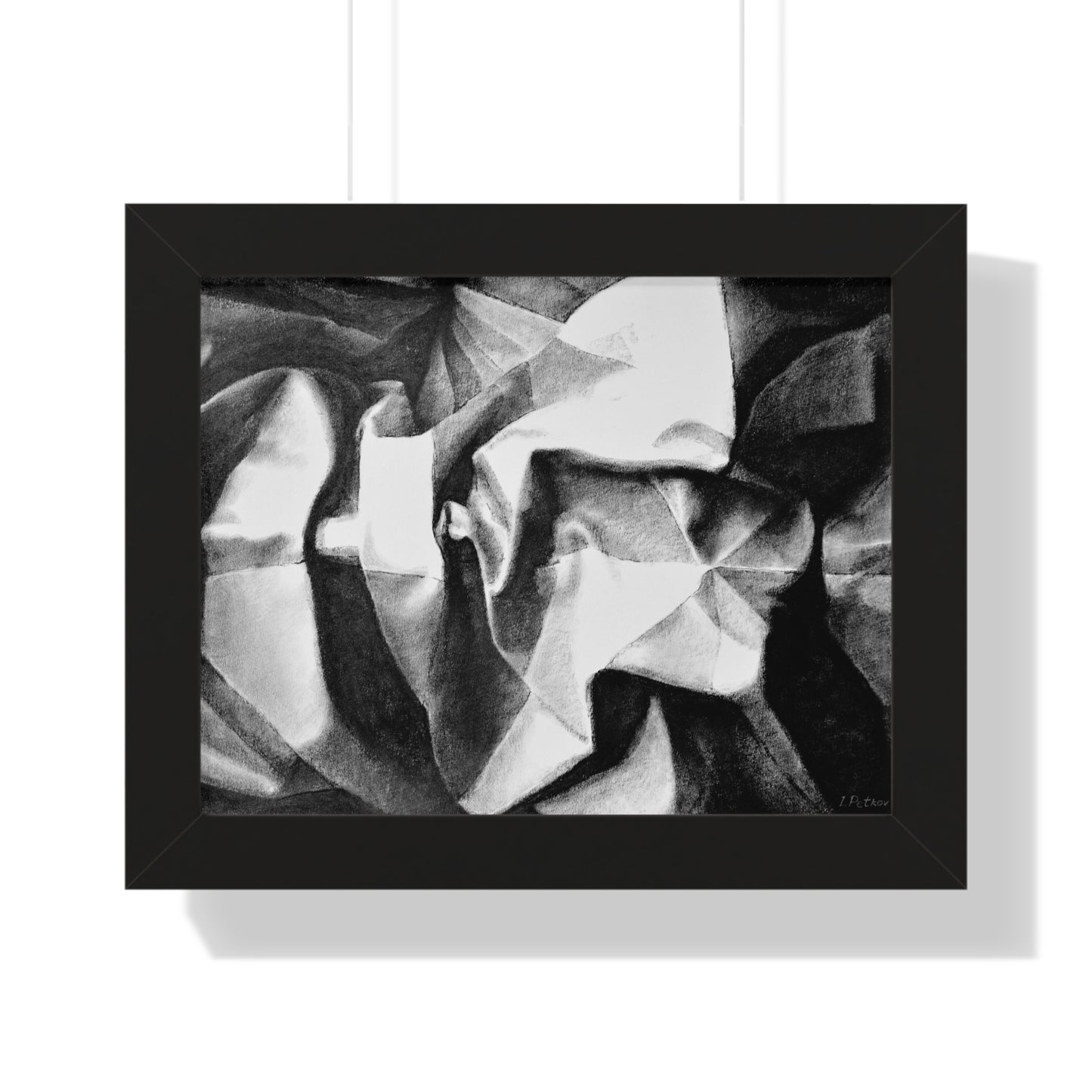 Folding Structure II - Framed Satin Poster Print, Wall Art, Charcoal, Abstract Black and White Decor