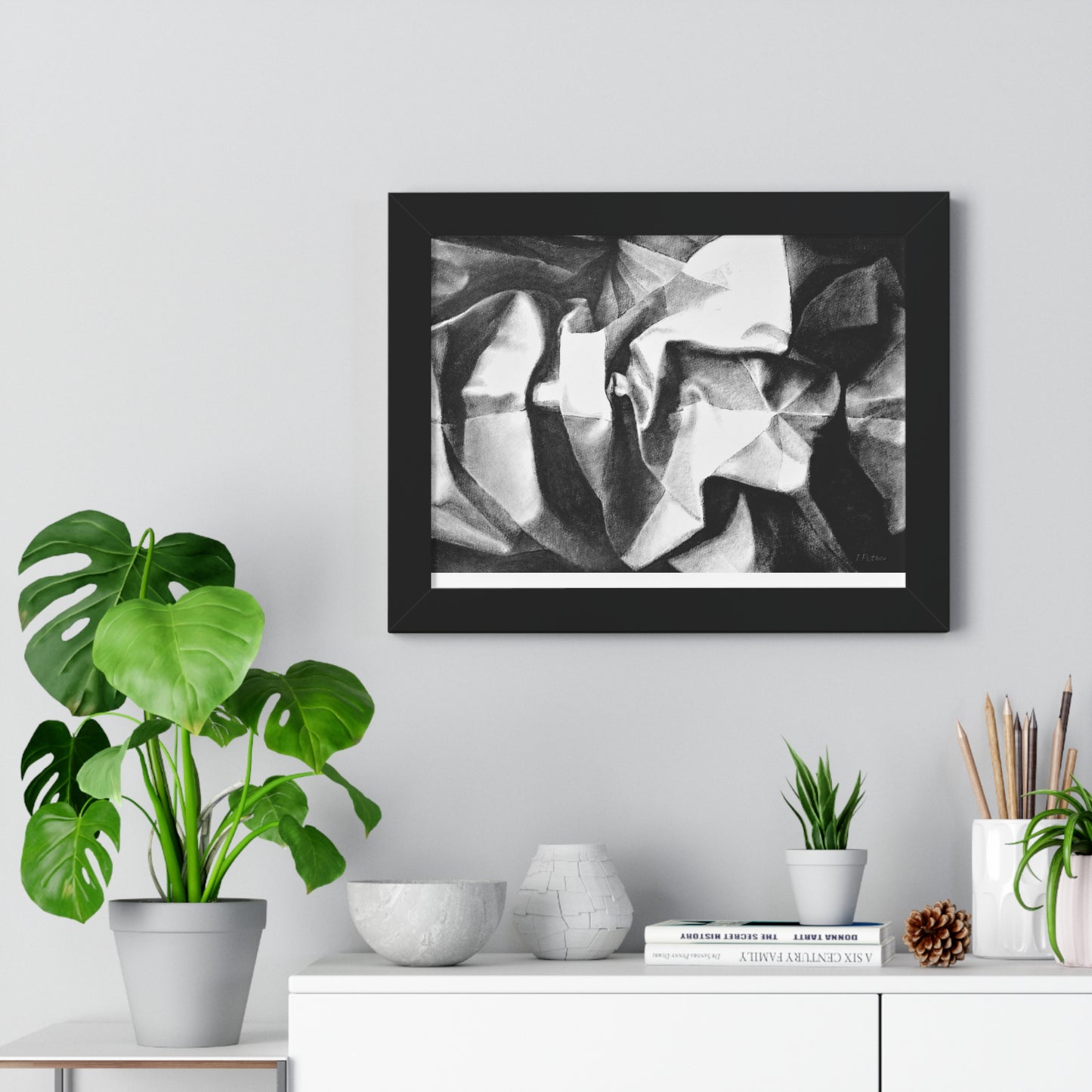 Folding Structure II - Framed Satin Poster Print, Wall Art, Charcoal, Abstract Black and White Decor
