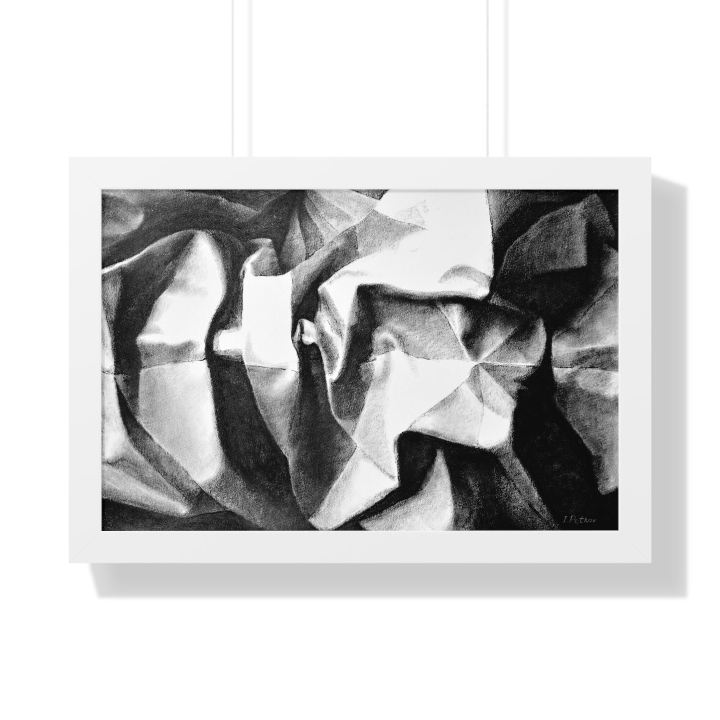 Folding Structure II - Framed Satin Poster Print, Wall Art, Charcoal, Abstract Black and White Decor
