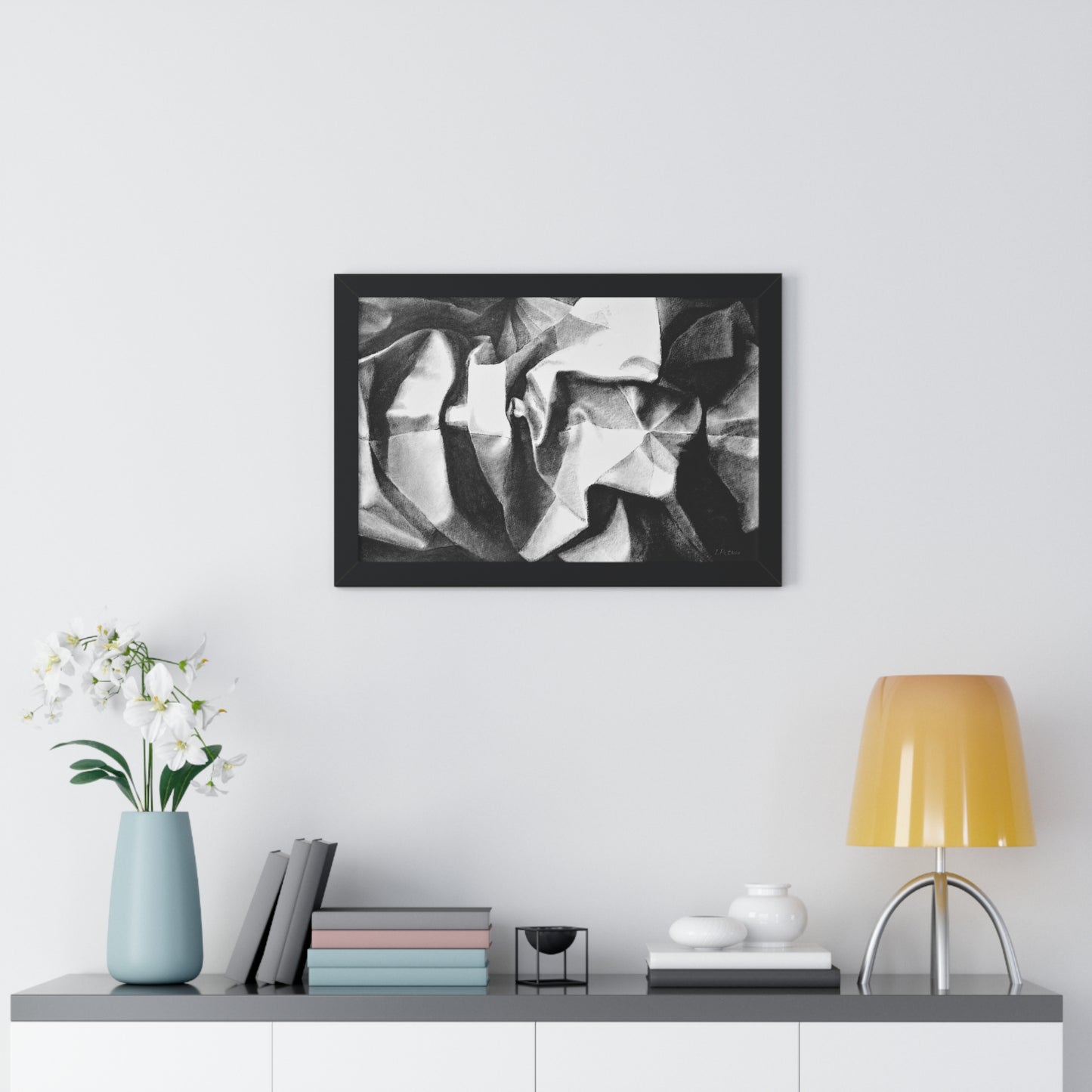 Folding Structure II - Framed Satin Poster Print, Wall Art, Charcoal, Abstract Black and White Decor
