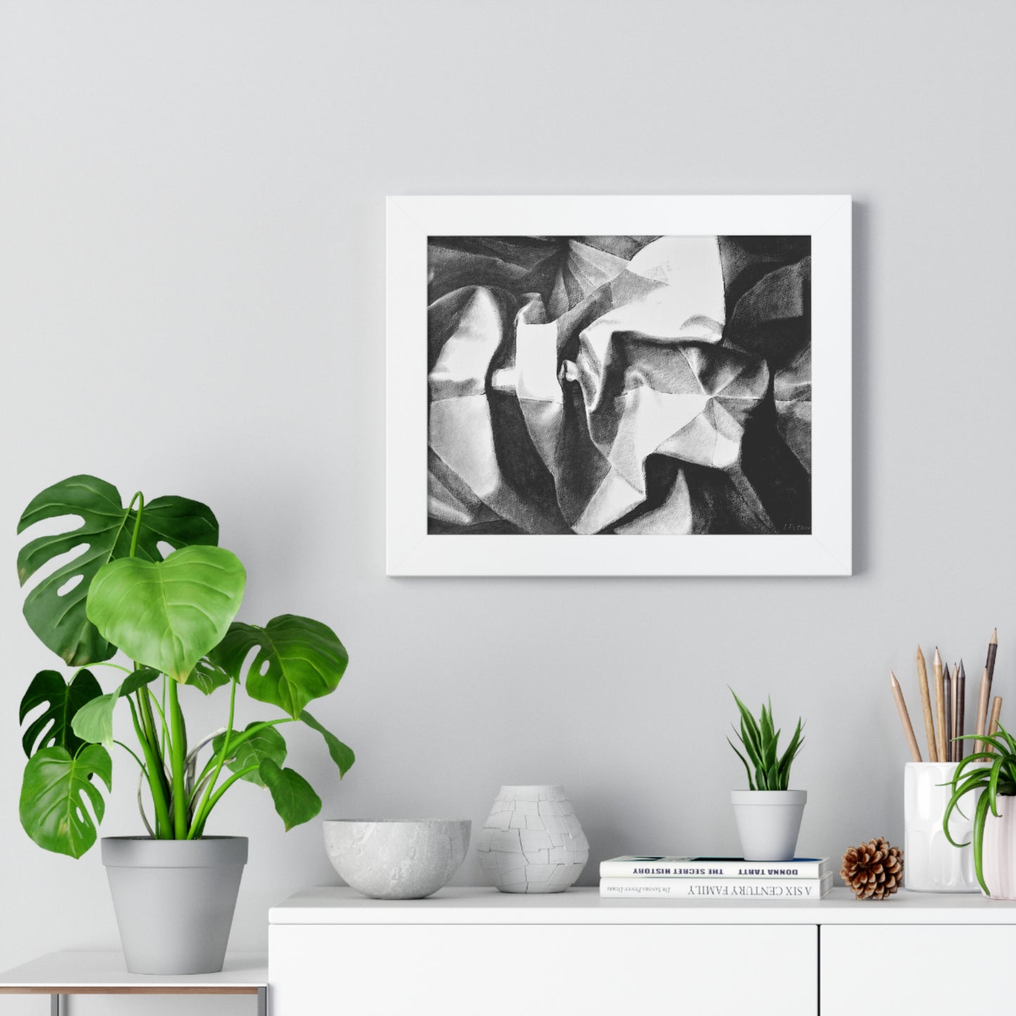 Folding Structure II - Framed Satin Poster Print, Wall Art, Charcoal, Abstract Black and White Decor
