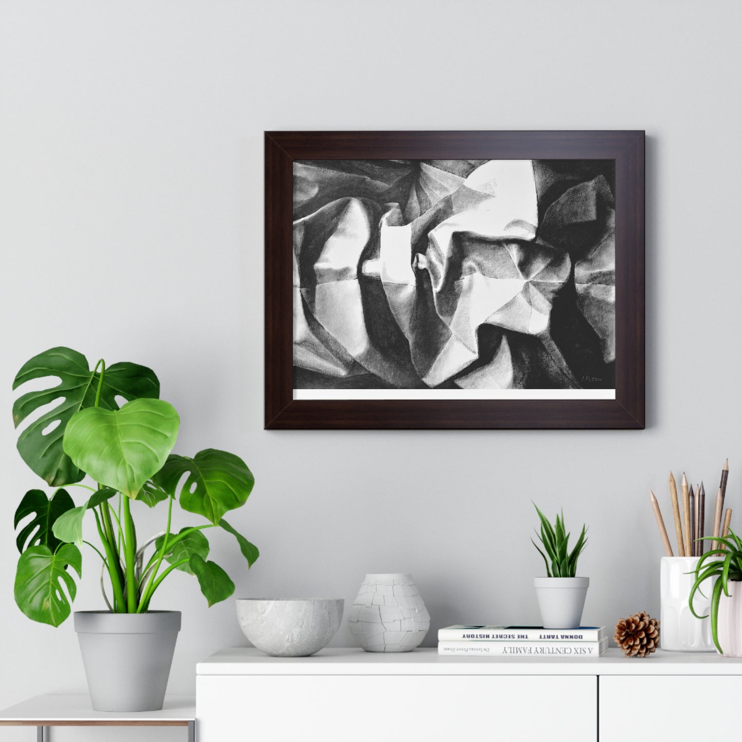 Folding Structure II - Framed Satin Poster Print, Wall Art, Charcoal, Abstract Black and White Decor
