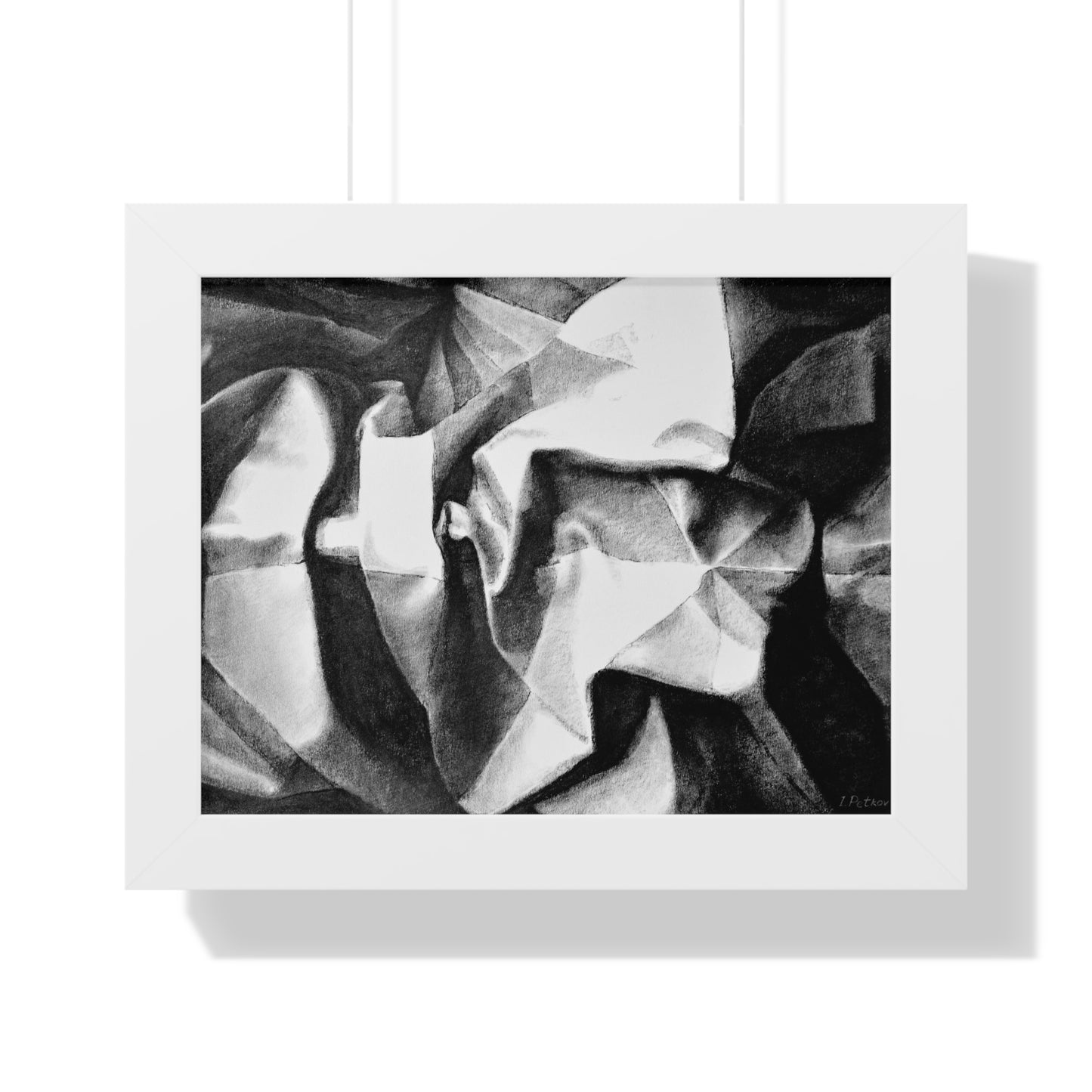 Folding Structure II - Framed Satin Poster Print, Wall Art, Charcoal, Abstract Black and White Decor