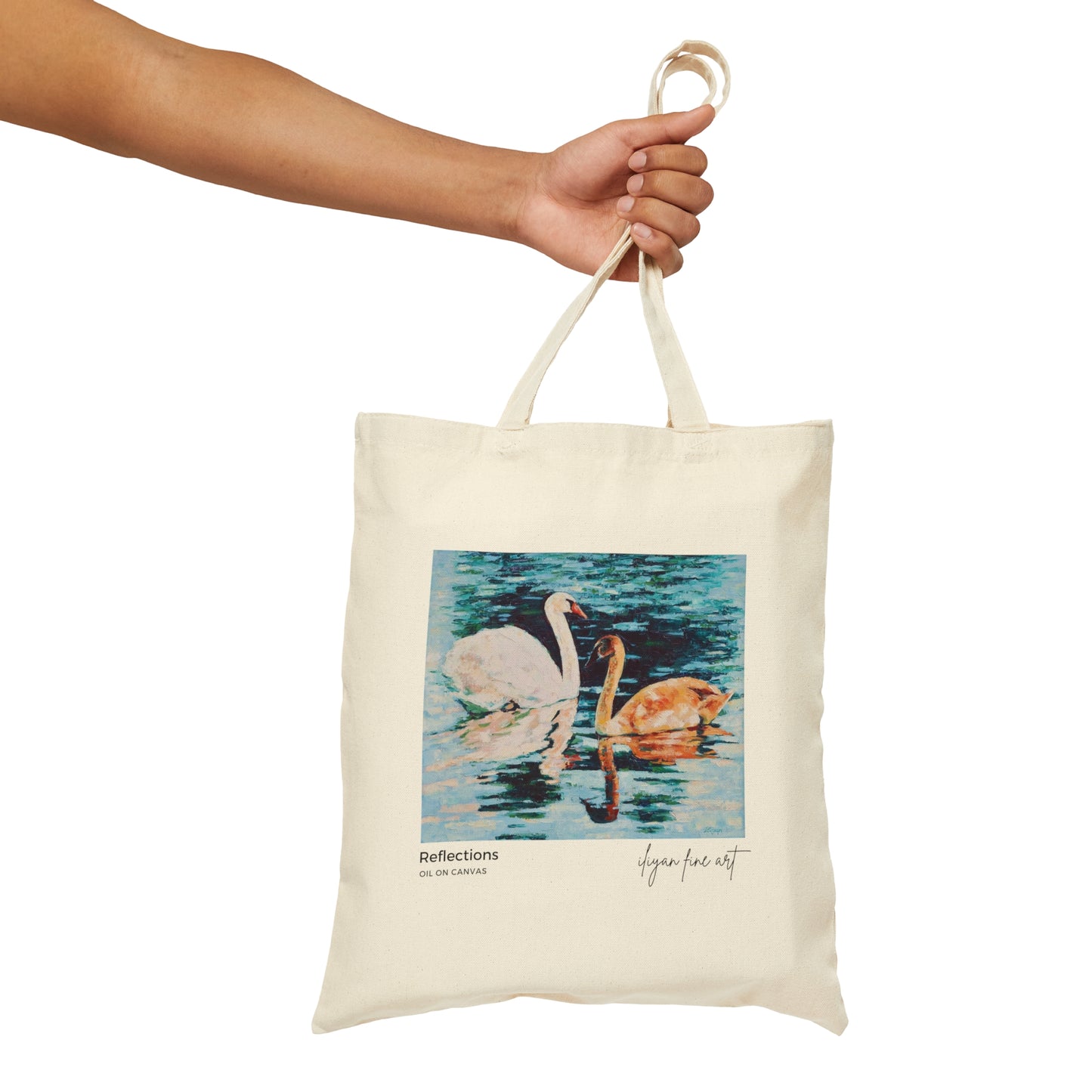 Canvas Tote Bag - Swans on Lake with Reflections