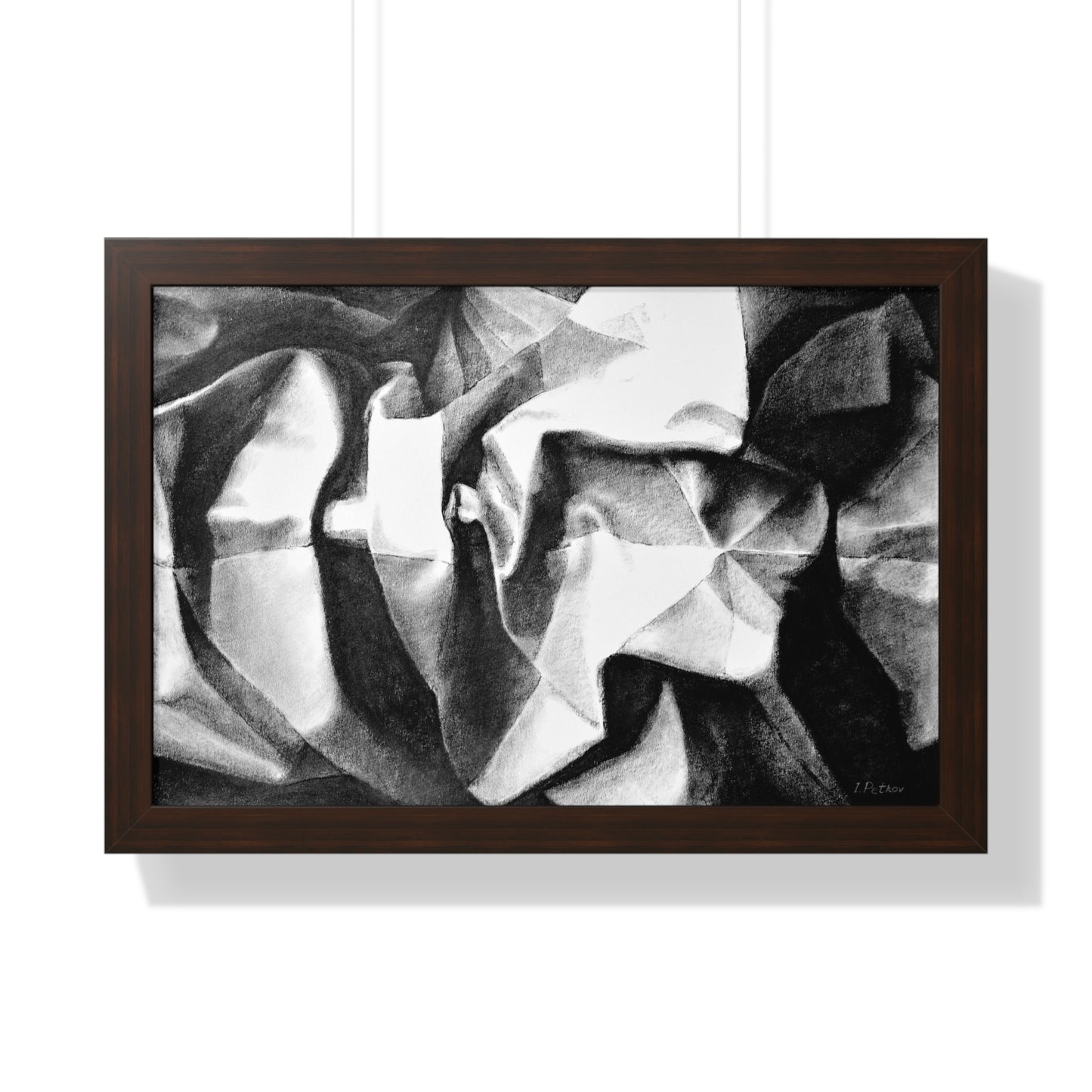 Folding Structure II - Framed Satin Poster Print, Wall Art, Charcoal, Abstract Black and White Decor
