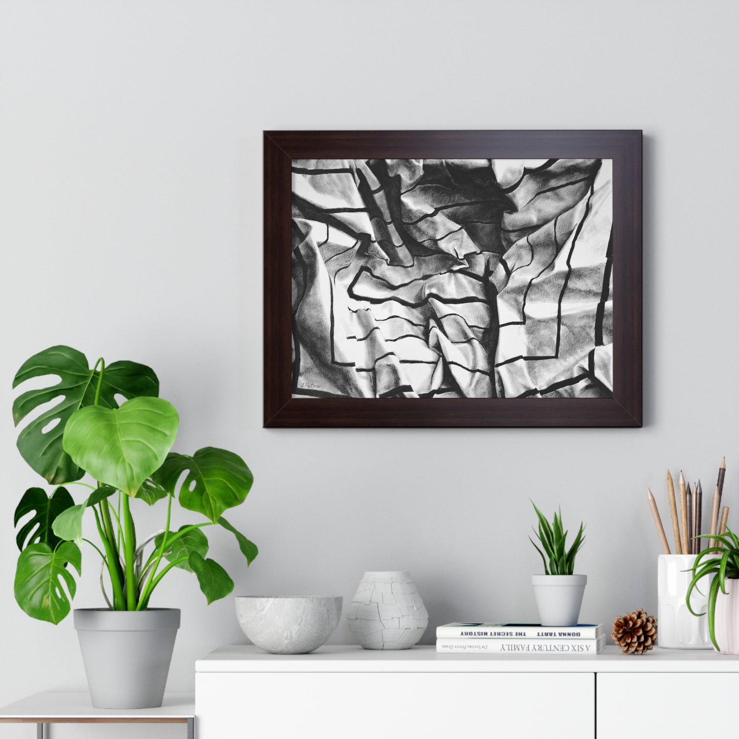 Folding Structure I - Framed Poster Print, Wall Art, Charcoal, Abstract Black and White Decor