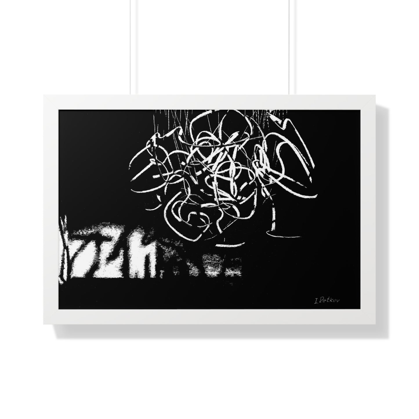 black and white pastel drawing featuring abstract white elements on a black background.