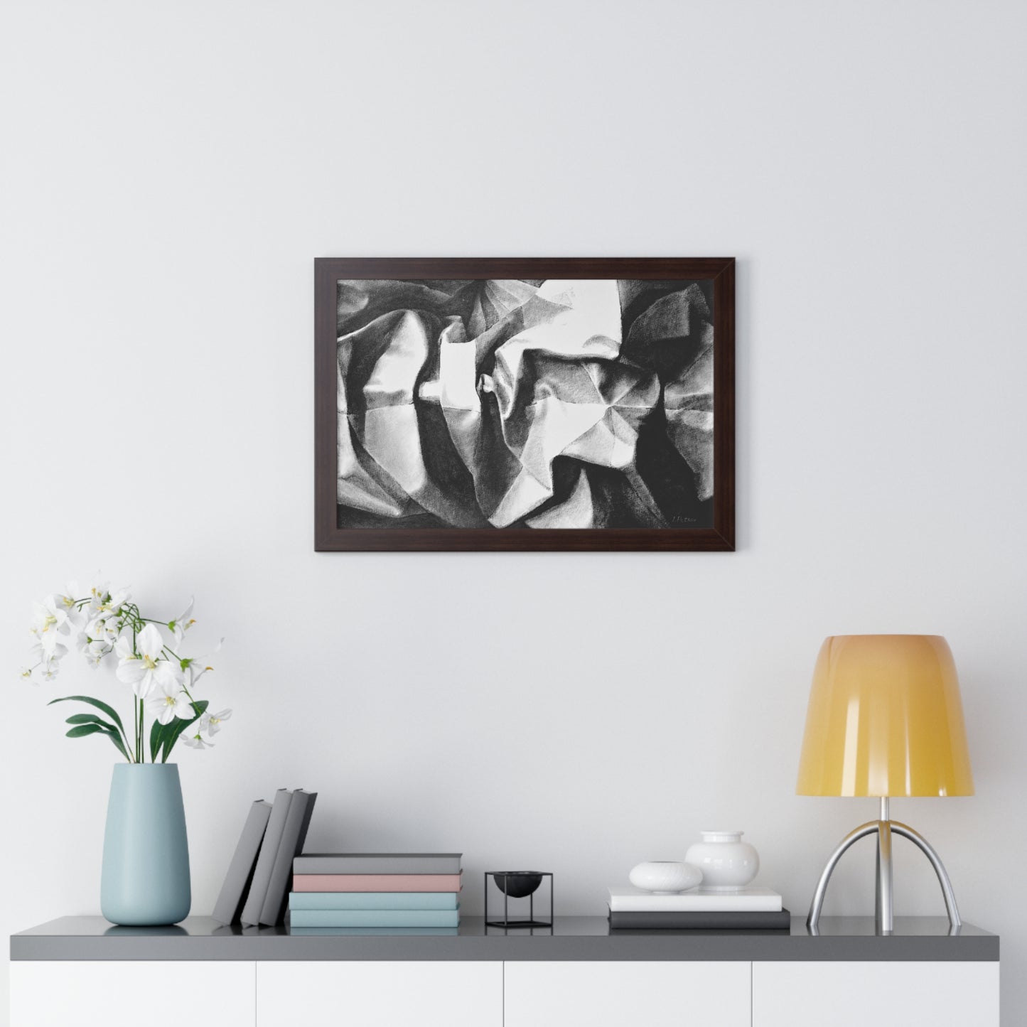 Folding Structure II - Framed Satin Poster Print, Wall Art, Charcoal, Abstract Black and White Decor