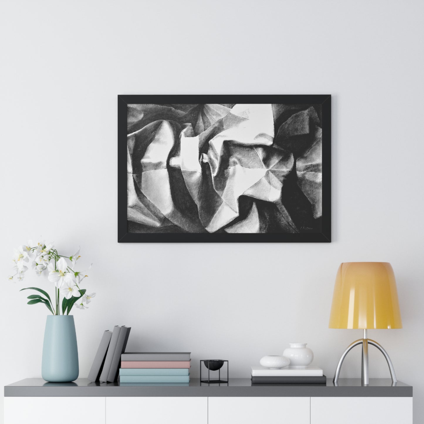 Folding Structure II - Framed Satin Poster Print, Wall Art, Charcoal, Abstract Black and White Decor