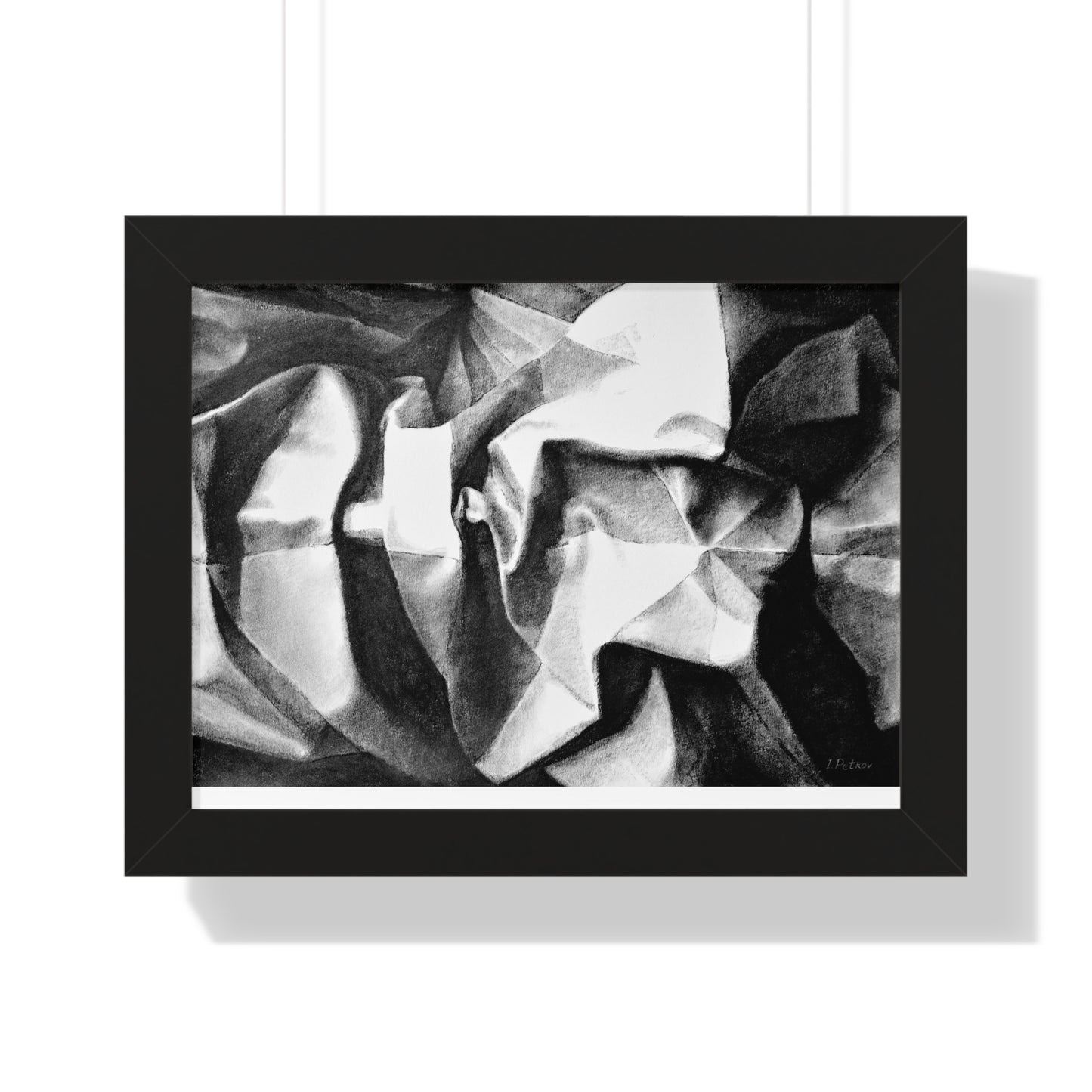 Folding Structure II - Framed Satin Poster Print, Wall Art, Charcoal, Abstract Black and White Decor