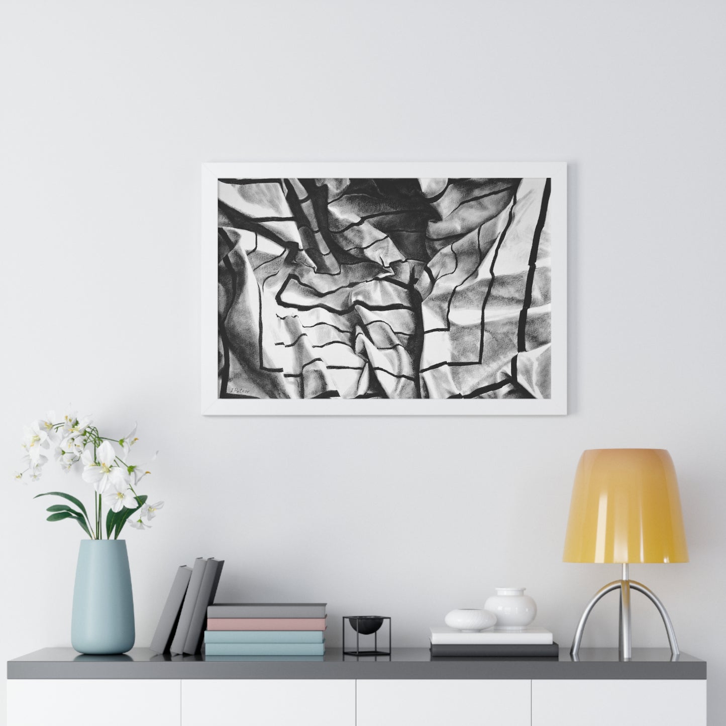 Folding Structure I - Framed Poster Print, Wall Art, Charcoal, Abstract Black and White Decor