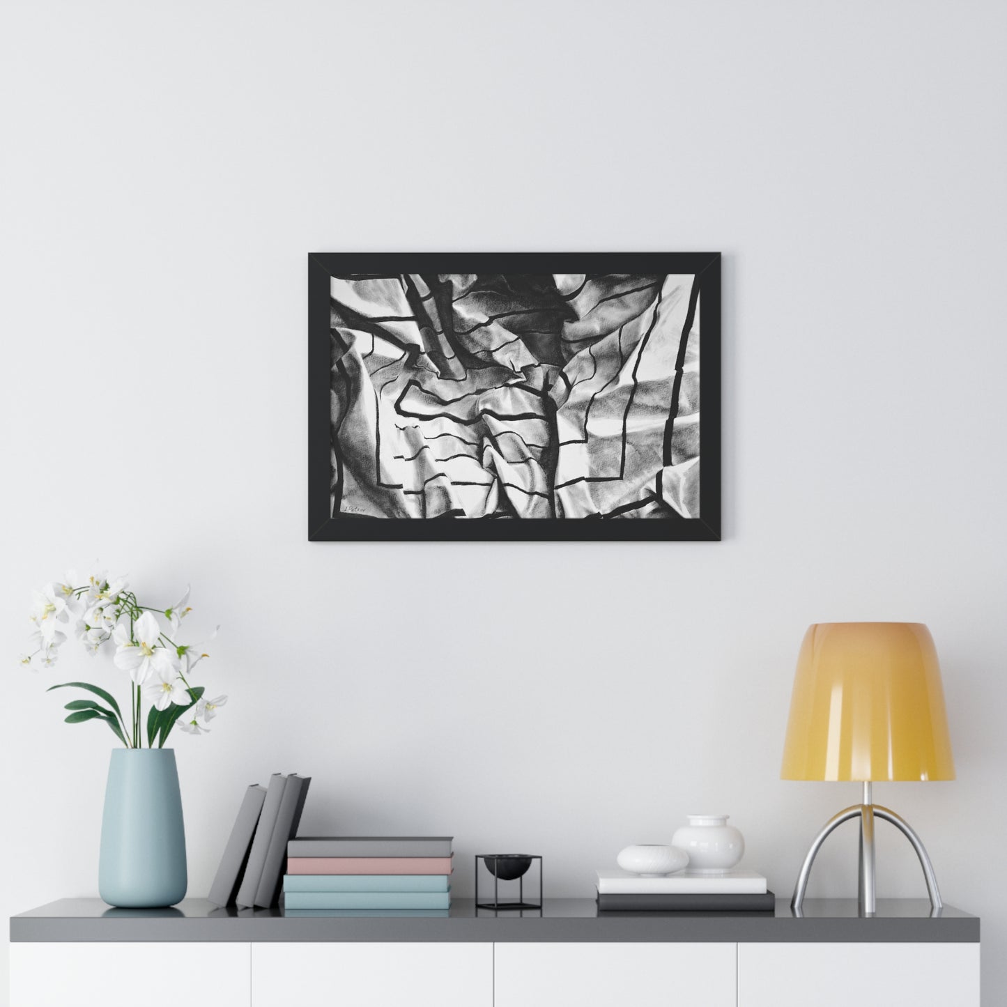 Folding Structure I - Framed Poster Print, Wall Art, Charcoal, Abstract Black and White Decor