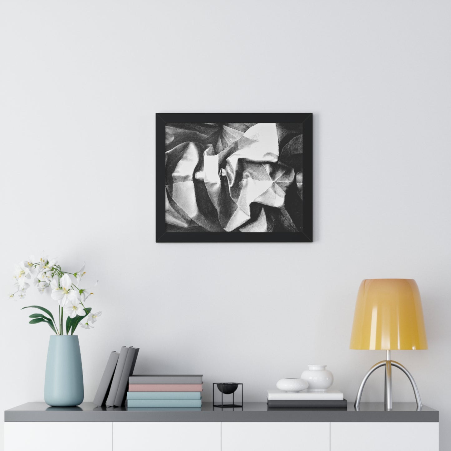 Folding Structure II - Framed Satin Poster Print, Wall Art, Charcoal, Abstract Black and White Decor