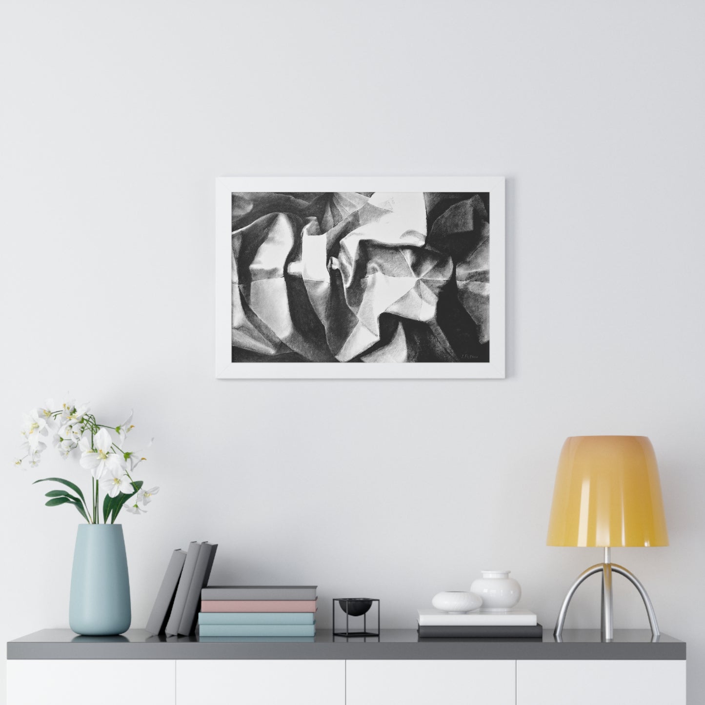 Folding Structure II - Framed Satin Poster Print, Wall Art, Charcoal, Abstract Black and White Decor