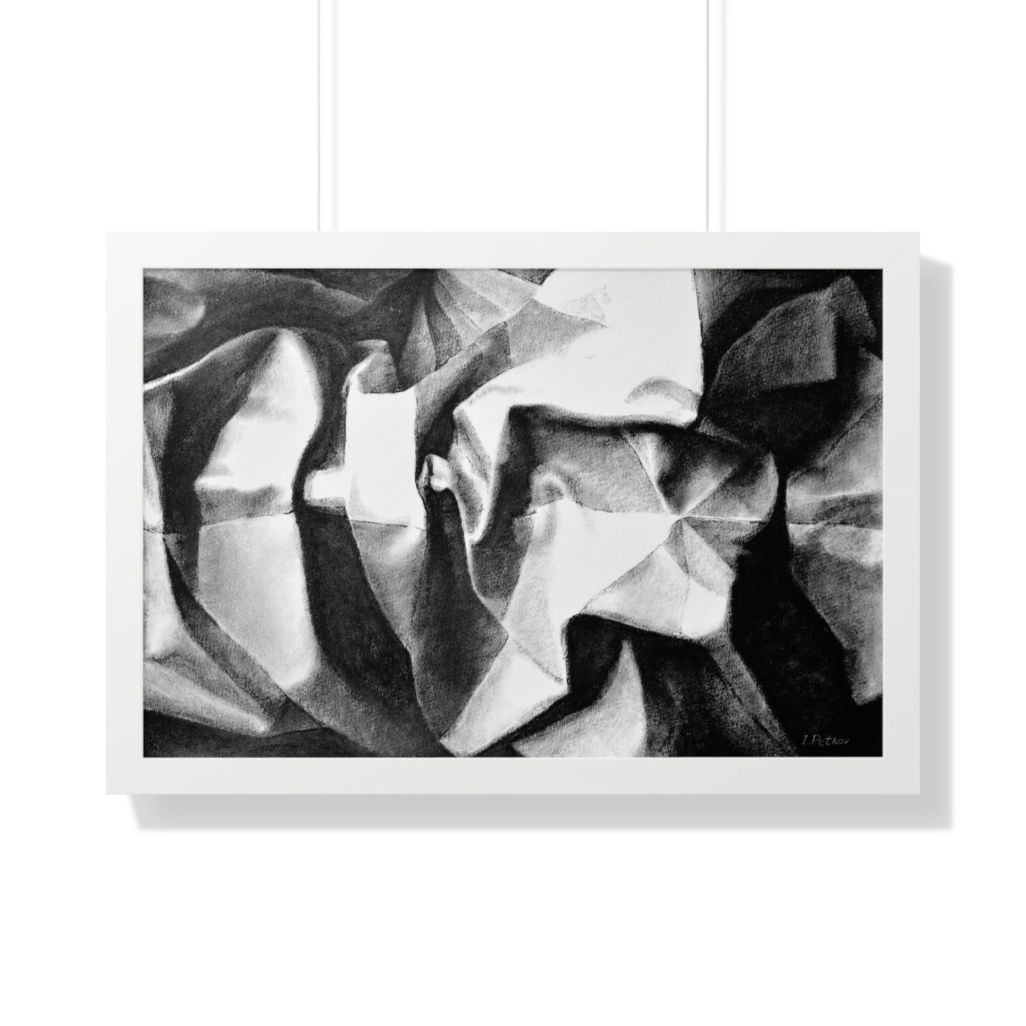 Folding Structure II - Framed Satin Poster Print, Wall Art, Charcoal, Abstract Black and White Decor
