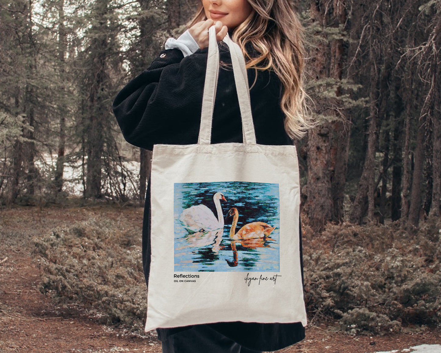 Canvas Tote Bag - Swans on Lake with Reflections