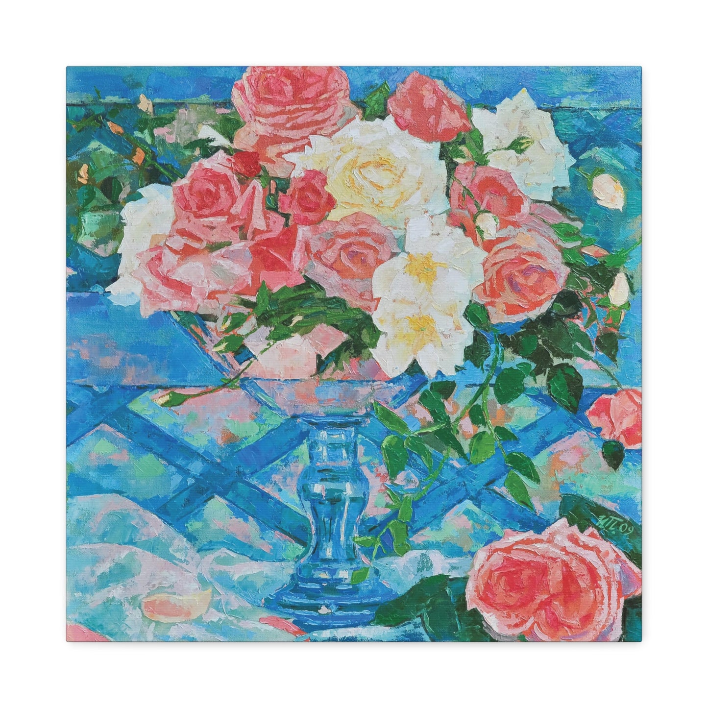 Bouquet of Roses in Glass Vase - Canvas Print