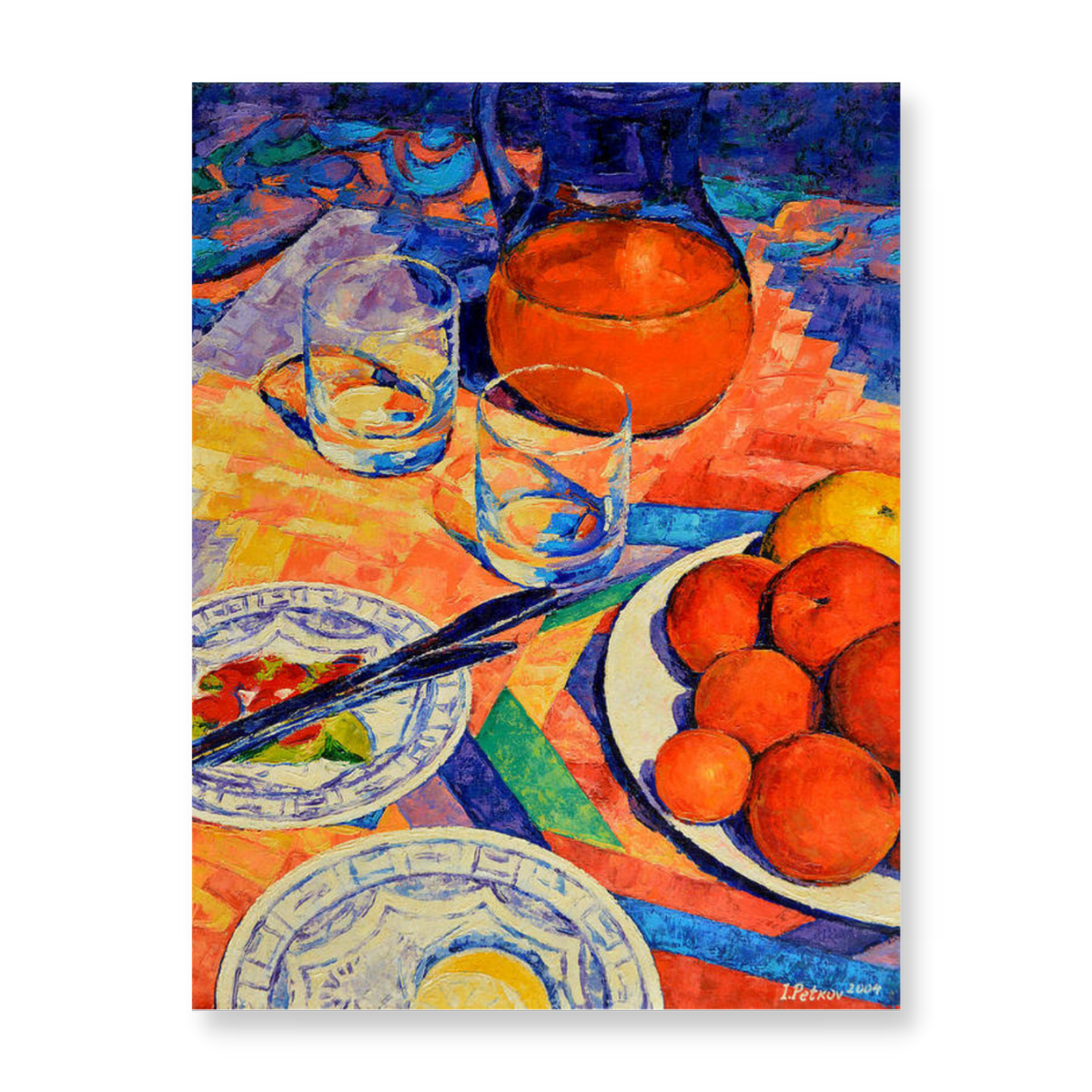 Oil painting of a still life - a blue glass jug of orange juice, two glasses, a plate of fruit, and two serving plates on a blue and orange tablecloth.