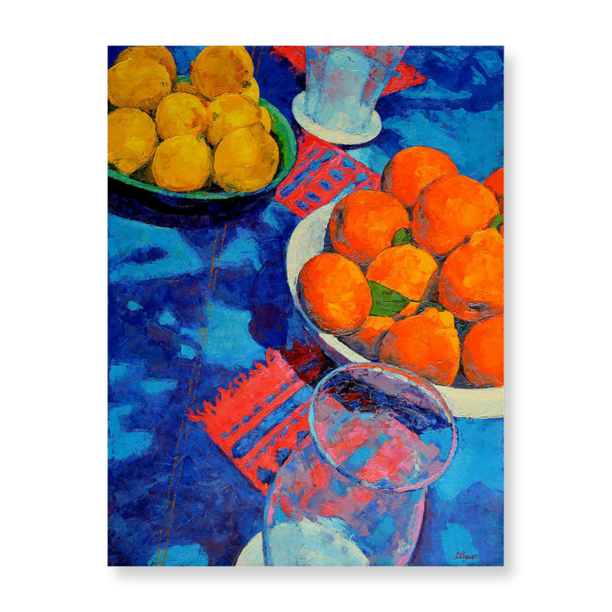 Oil painting of a still life - a green platter of lemons, a white platter of oranges, and, two glasses candle holders, on a blue tablecloth with red touches.
