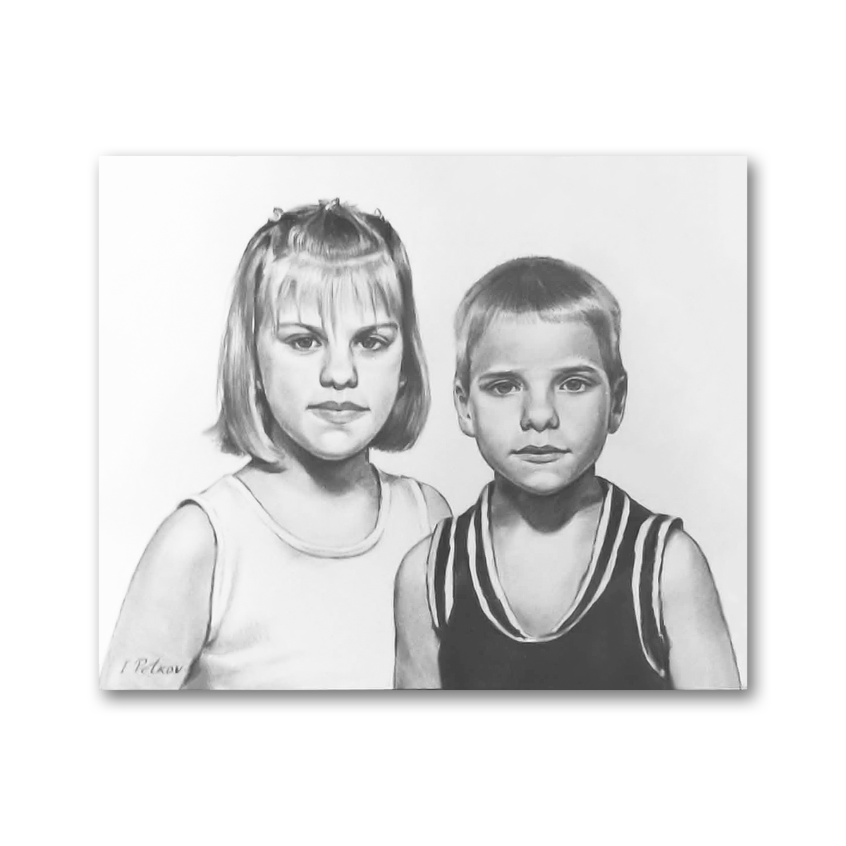 Black and white head-and-shoulder charcoal portrait of two children – a boy and a girl, brother and sister.