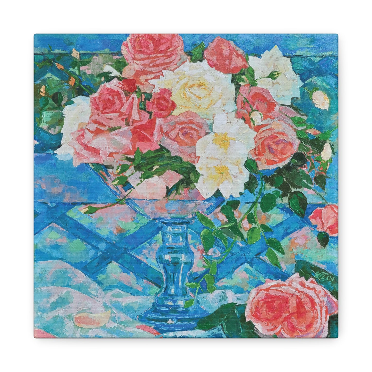 Bouquet of Roses in Glass Vase - Canvas Print
