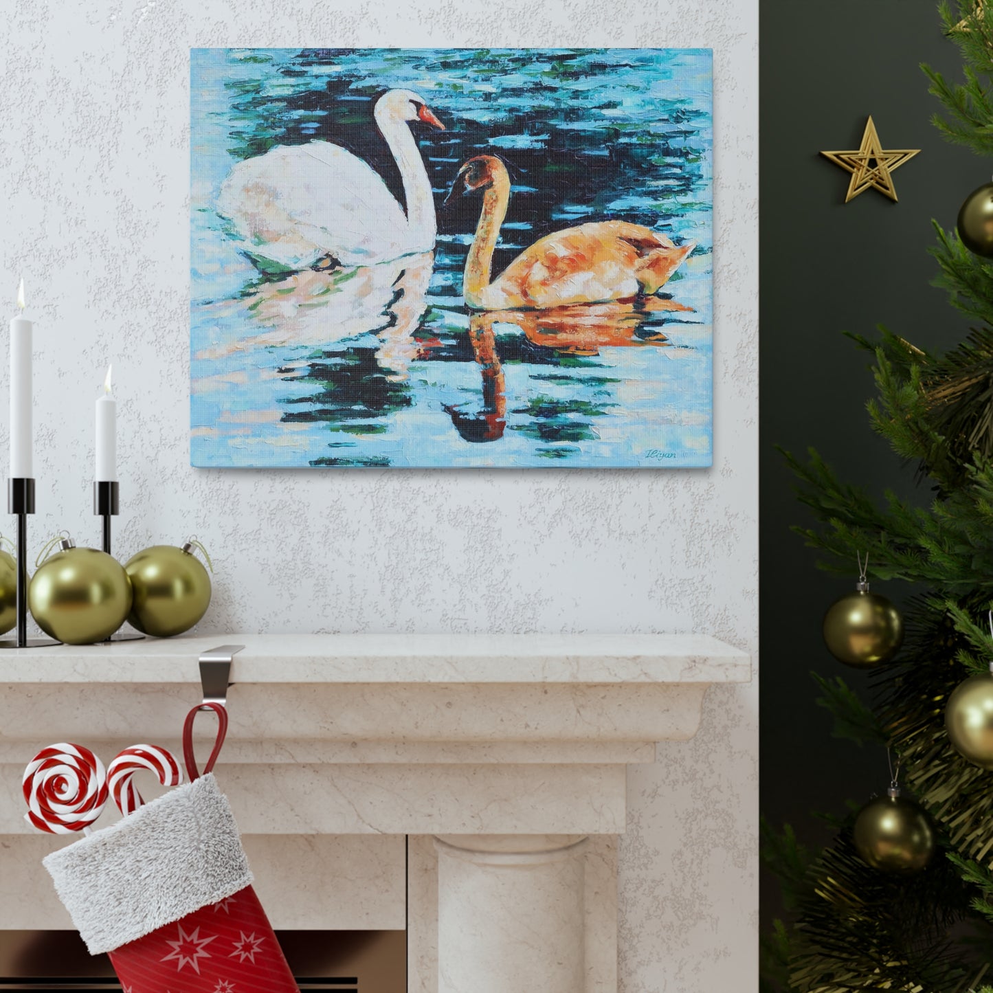 Swans on Lake with Reflections - Canvas Print