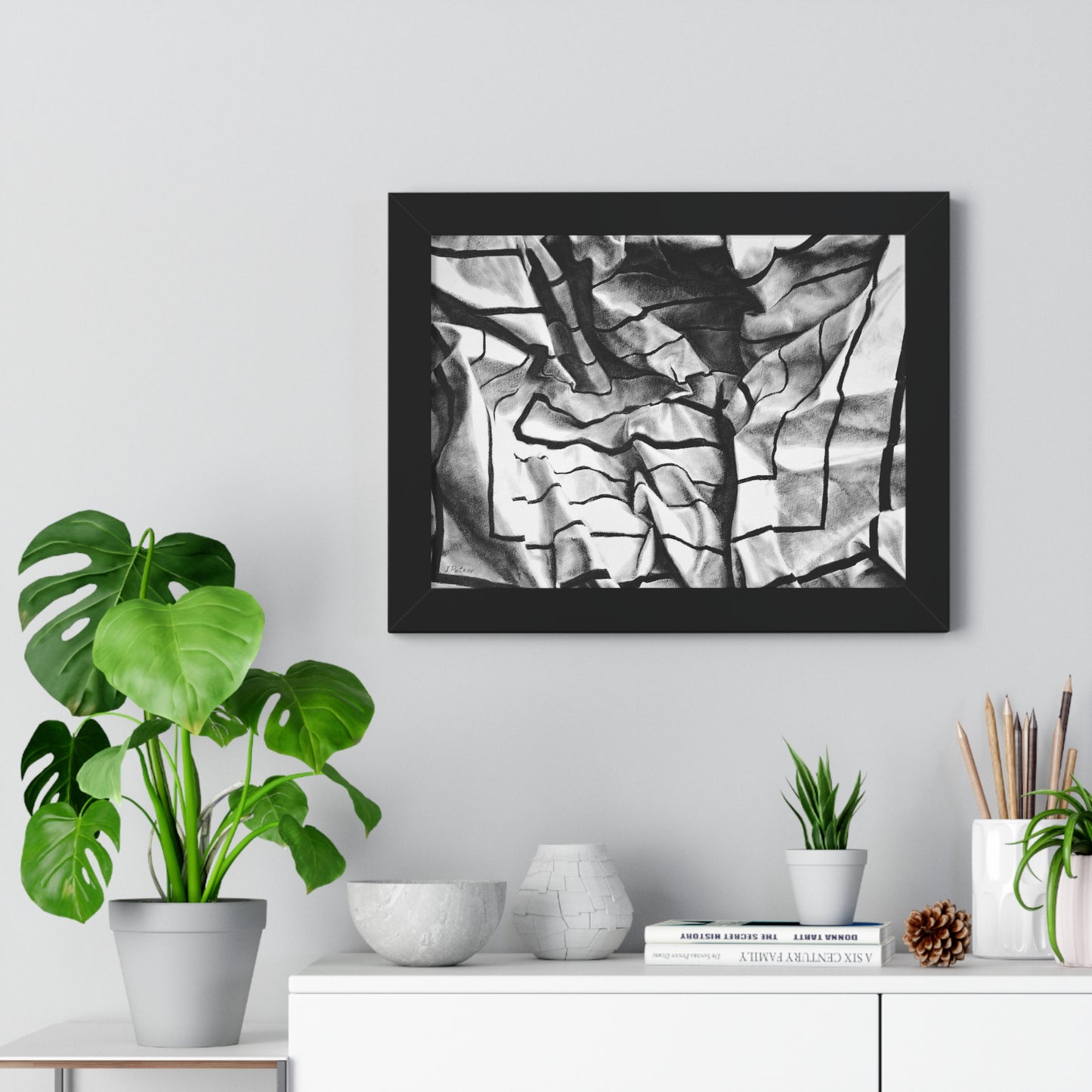 Folding Structure I - Framed Poster Print, Wall Art, Charcoal, Abstract Black and White Decor