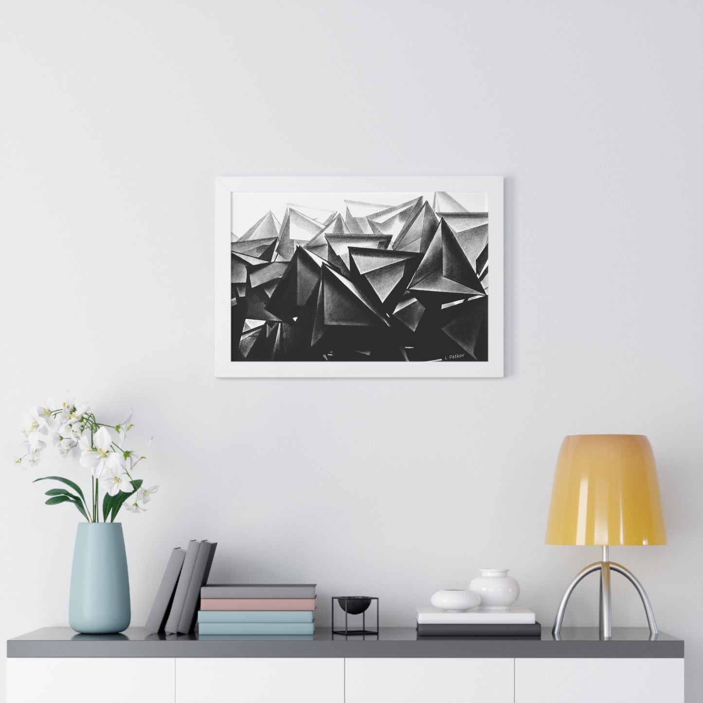 A Structure Rises - Framed Poster Print, Wall Art, Charcoal, Abstract Black and White Decor