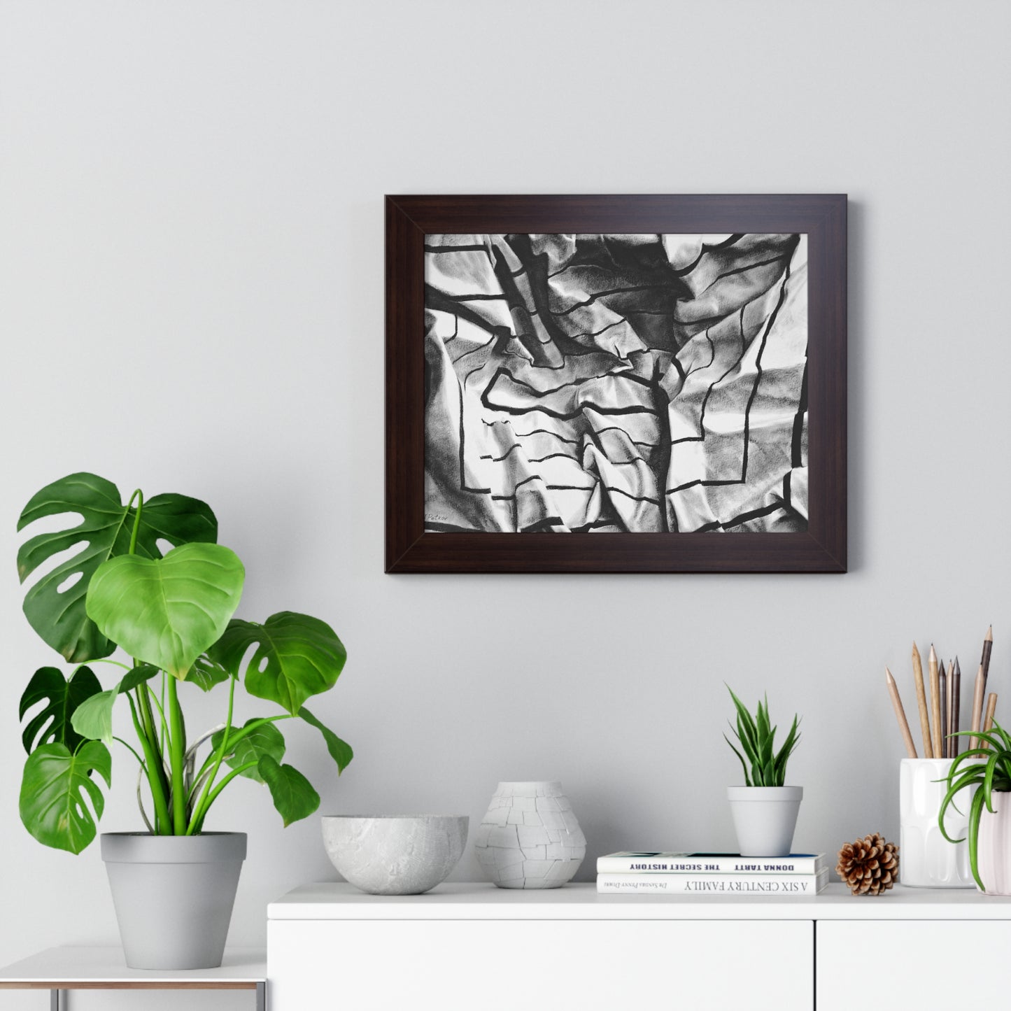 Folding Structure I - Framed Poster Print, Wall Art, Charcoal, Abstract Black and White Decor