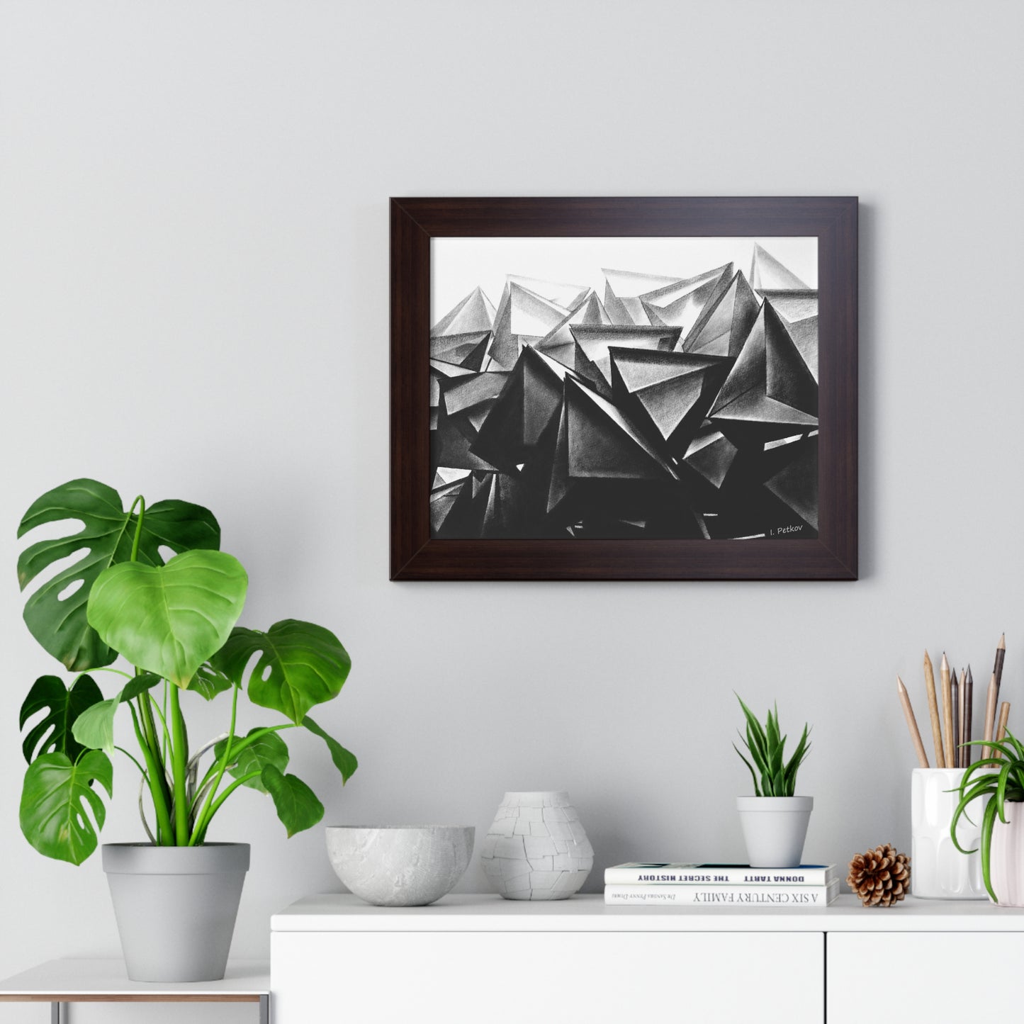 A Structure Rises - Framed Poster Print, Wall Art, Charcoal, Abstract Black and White Decor