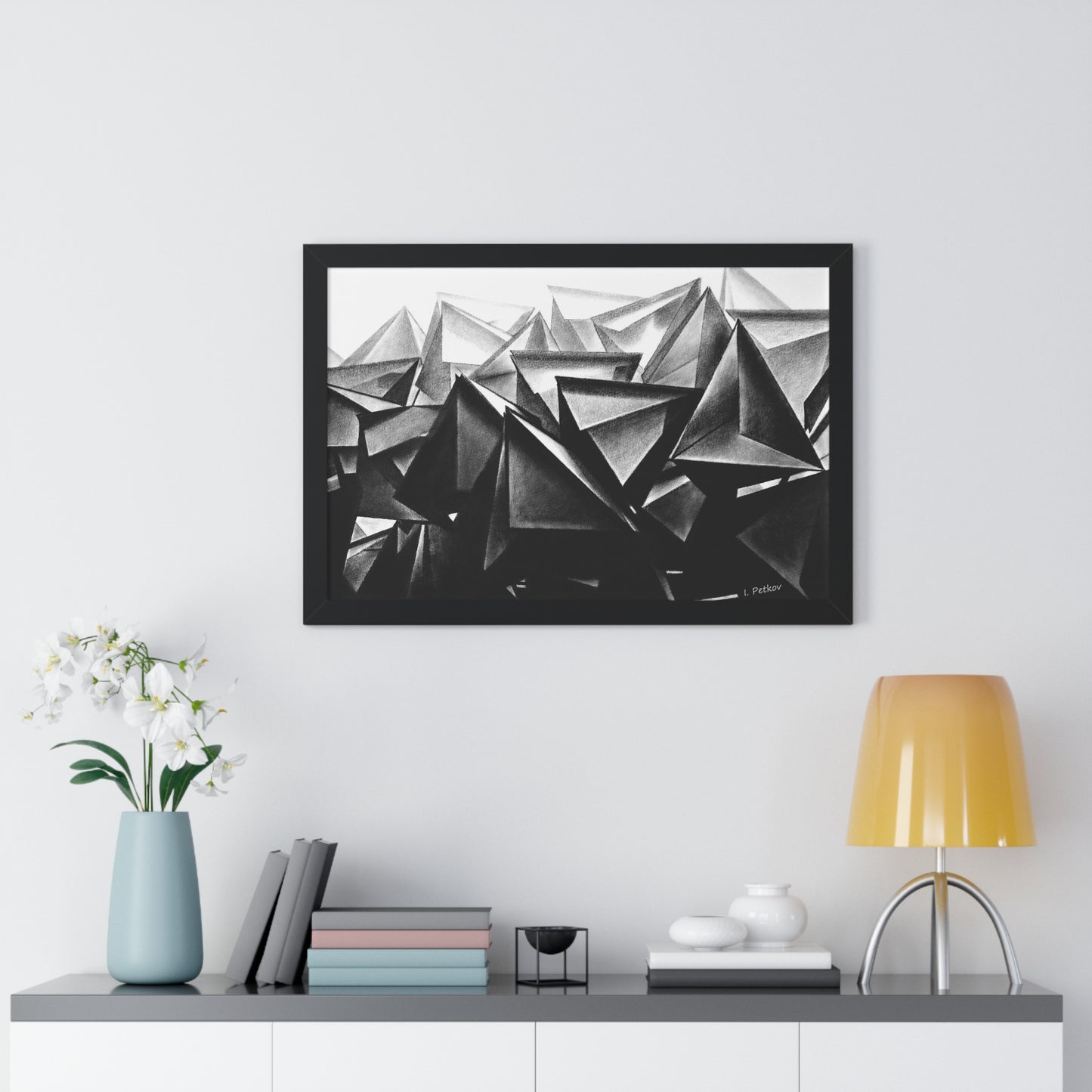 A Structure Rises - Framed Poster Print, Wall Art, Charcoal, Abstract Black and White Decor