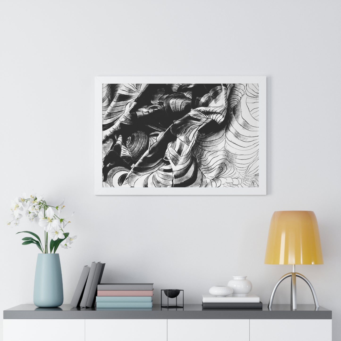 Folding Structure III - Framed Poster Print, Wall Art, Charcoal, Abstract Black and White Decor