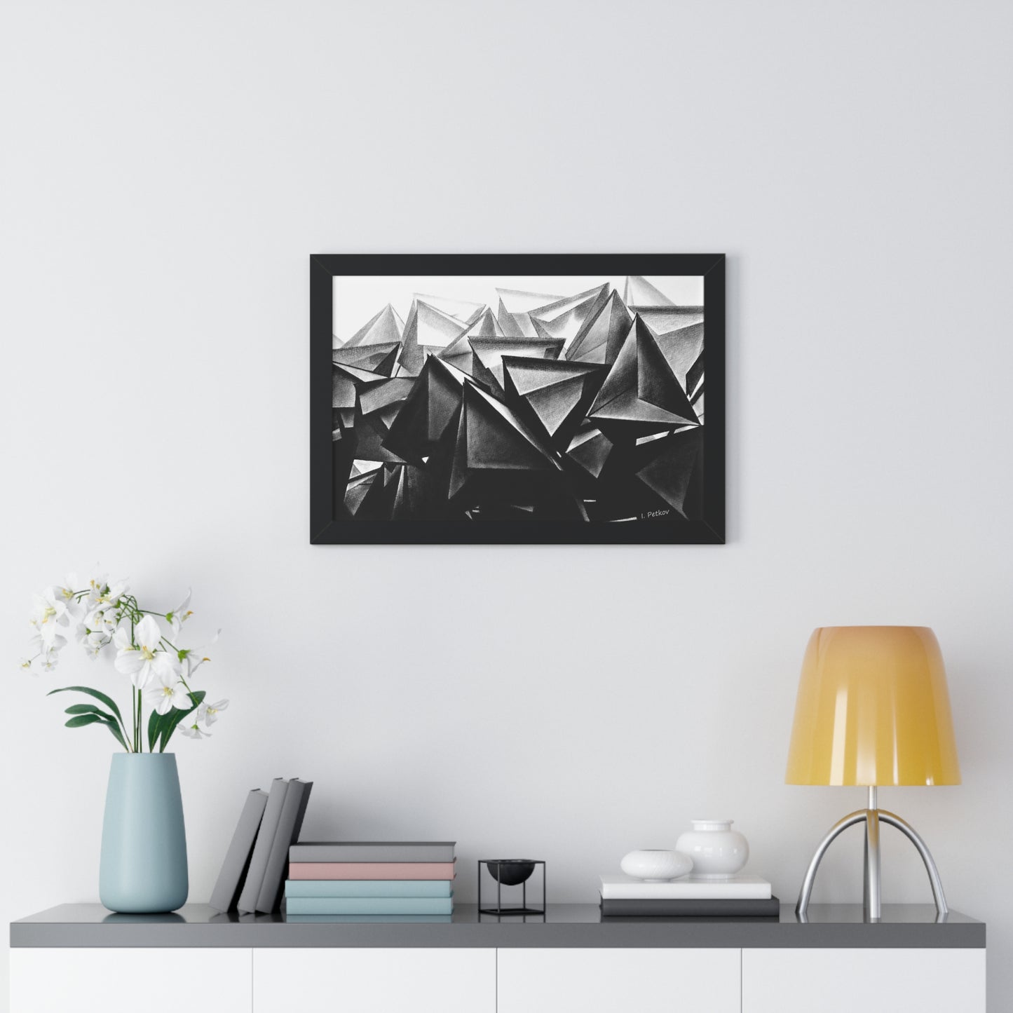 A Structure Rises - Framed Poster Print, Wall Art, Charcoal, Abstract Black and White Decor