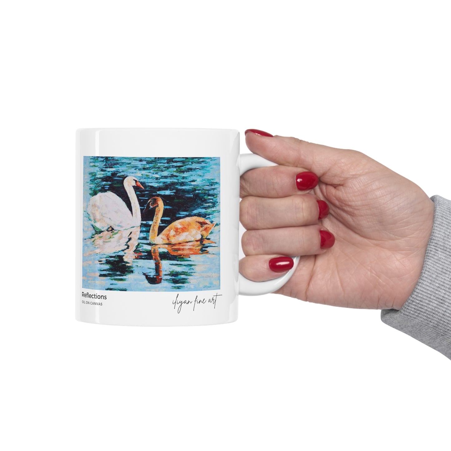 Ceramic Mug 11oz - Swans on Lake with Reflections