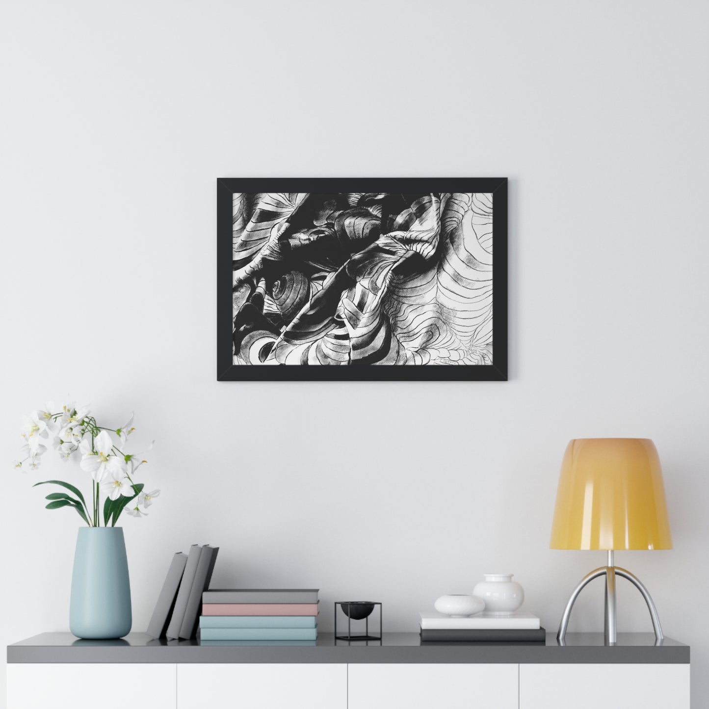 Folding Structure III - Framed Poster Print, Wall Art, Charcoal, Abstract Black and White Decor