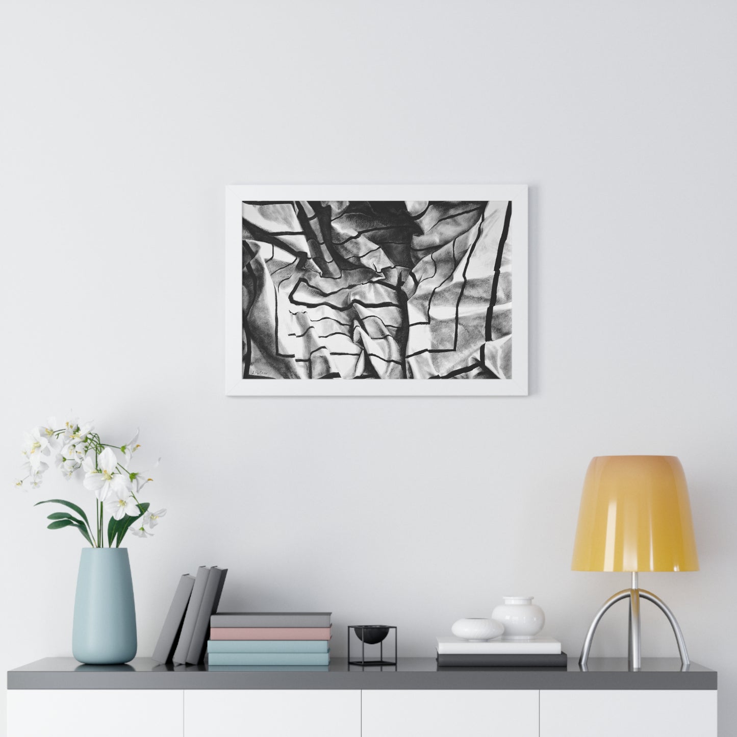 Folding Structure I - Framed Poster Print, Wall Art, Charcoal, Abstract Black and White Decor