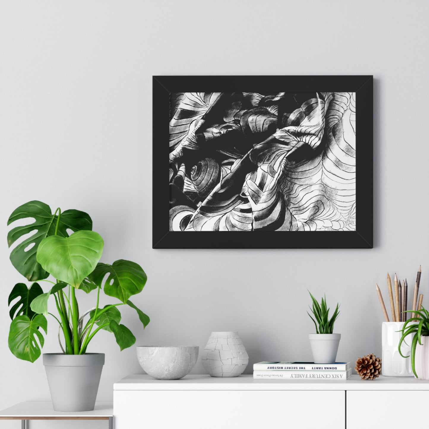 Folding Structure III - Framed Poster Print, Wall Art, Charcoal, Abstract Black and White Decor