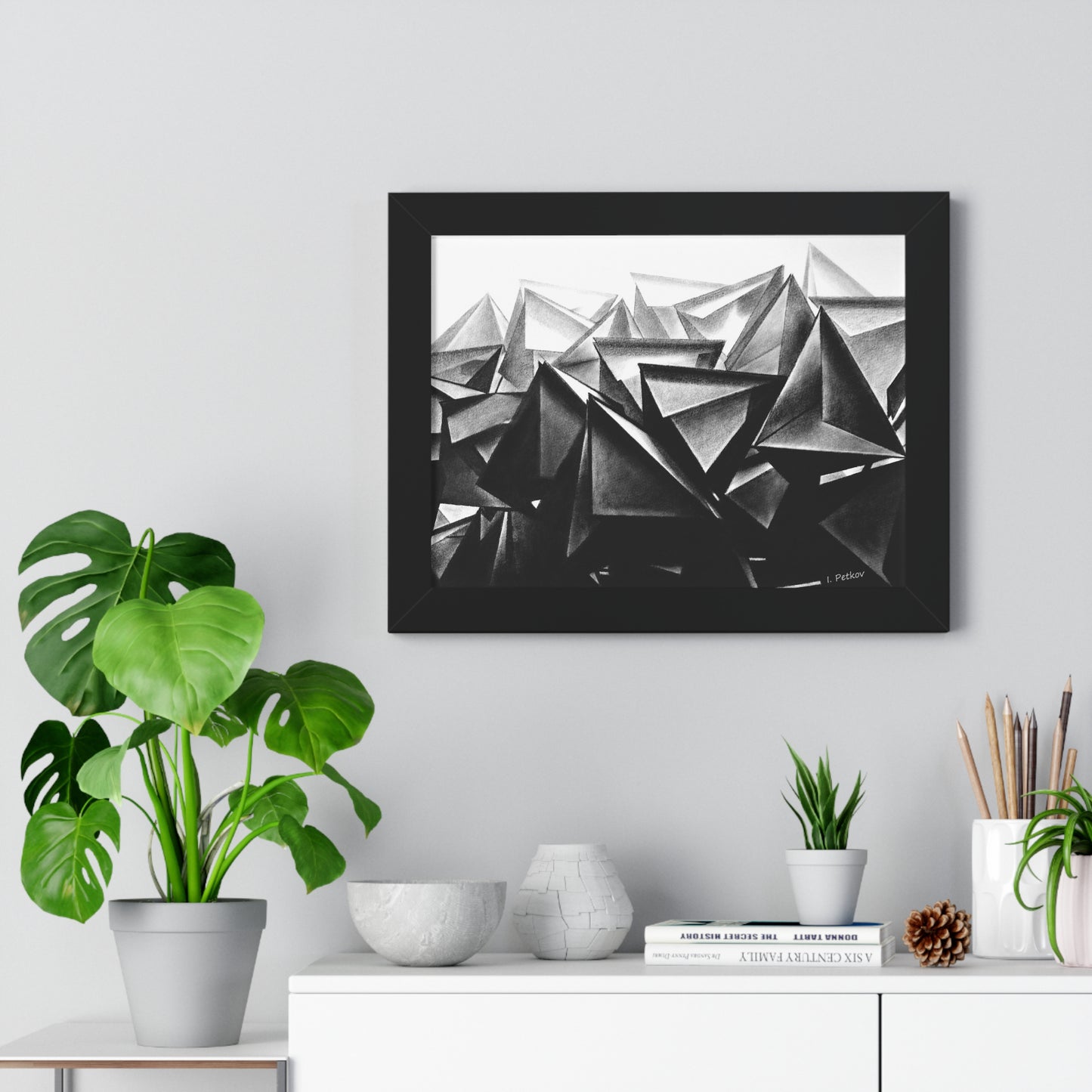 A Structure Rises - Framed Poster Print, Wall Art, Charcoal, Abstract Black and White Decor