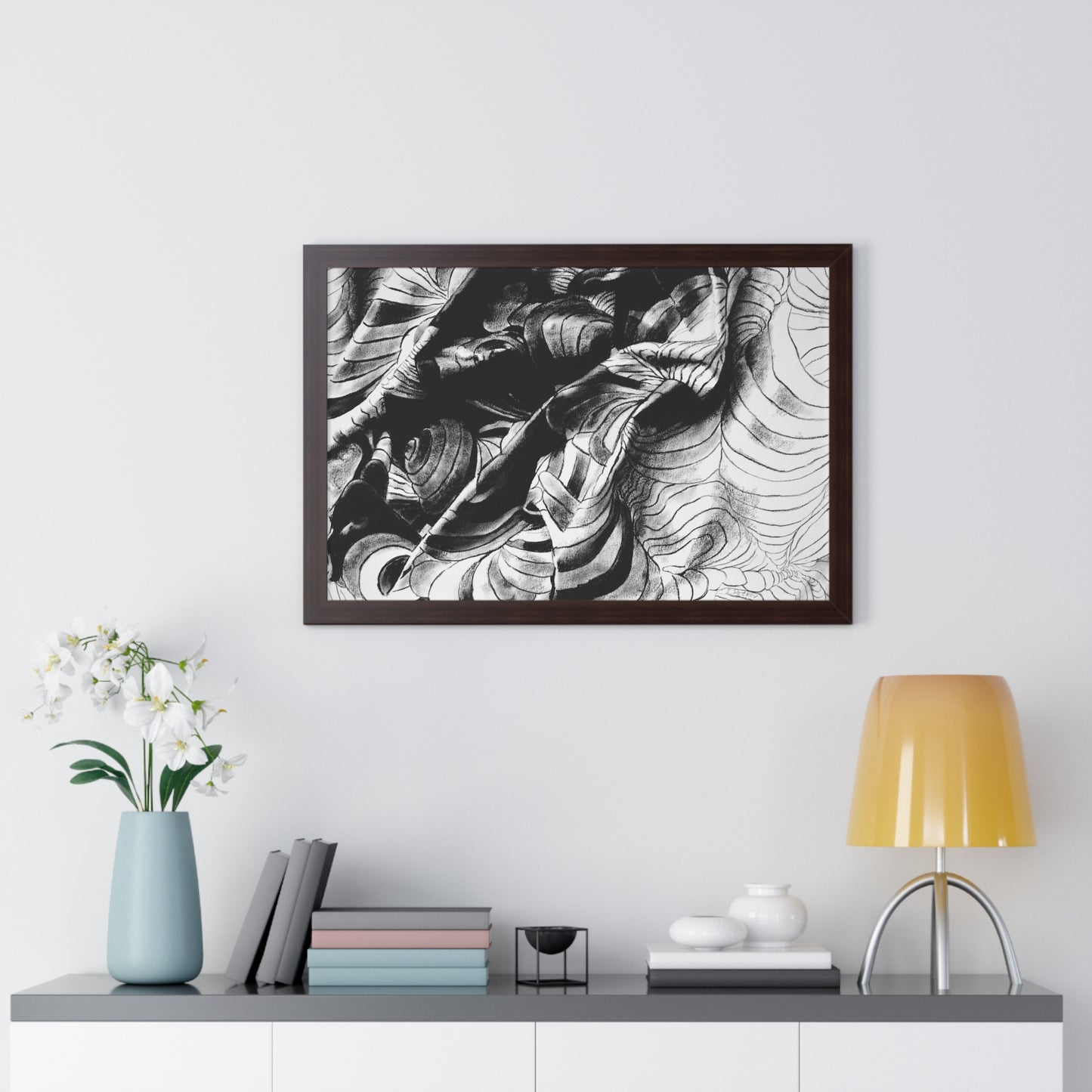 Folding Structure III - Framed Poster Print, Wall Art, Charcoal, Abstract Black and White Decor